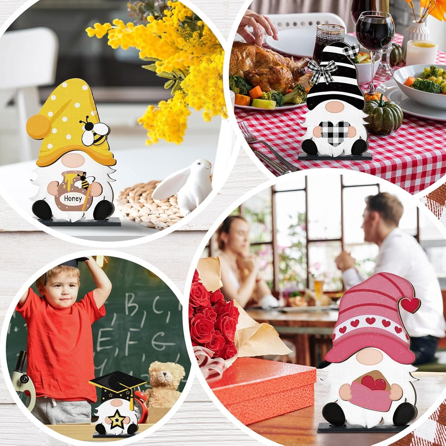 Blulu 32 Pcs Christmas Interchangeable Wooden Gnome Decor DIY Holiday Christmas Seasonal Tiered Tray Decoration Gnomes with Magnet Pieces Welcome Sign for Xmas Holiday Decorations (Cute) - Image 6