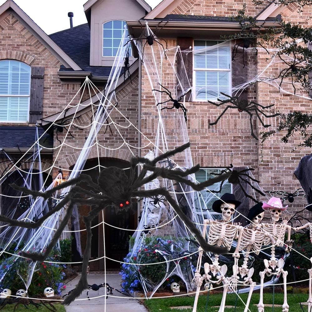 OCATO 200" Halloween Spider Web + 59" Giant Spider Decorations Fake Spiders with Triangular Huge Spiders Web for Indoor Outdoor Halloween Decorations Yard Home Costumes Parties Haunted House Décor 1-Original - Image 6