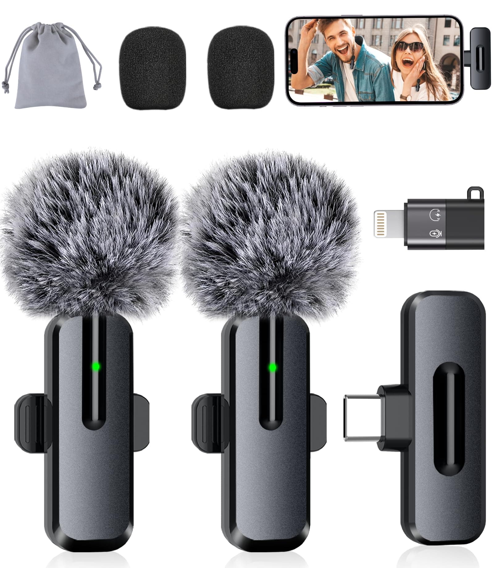 ZOPPLM Wireless Mini Microphone para sa iPhone - 2 Pack Lavalier Bluetooth Microphone para sa Video Recording, 2 sa 1 Noise Reduction
