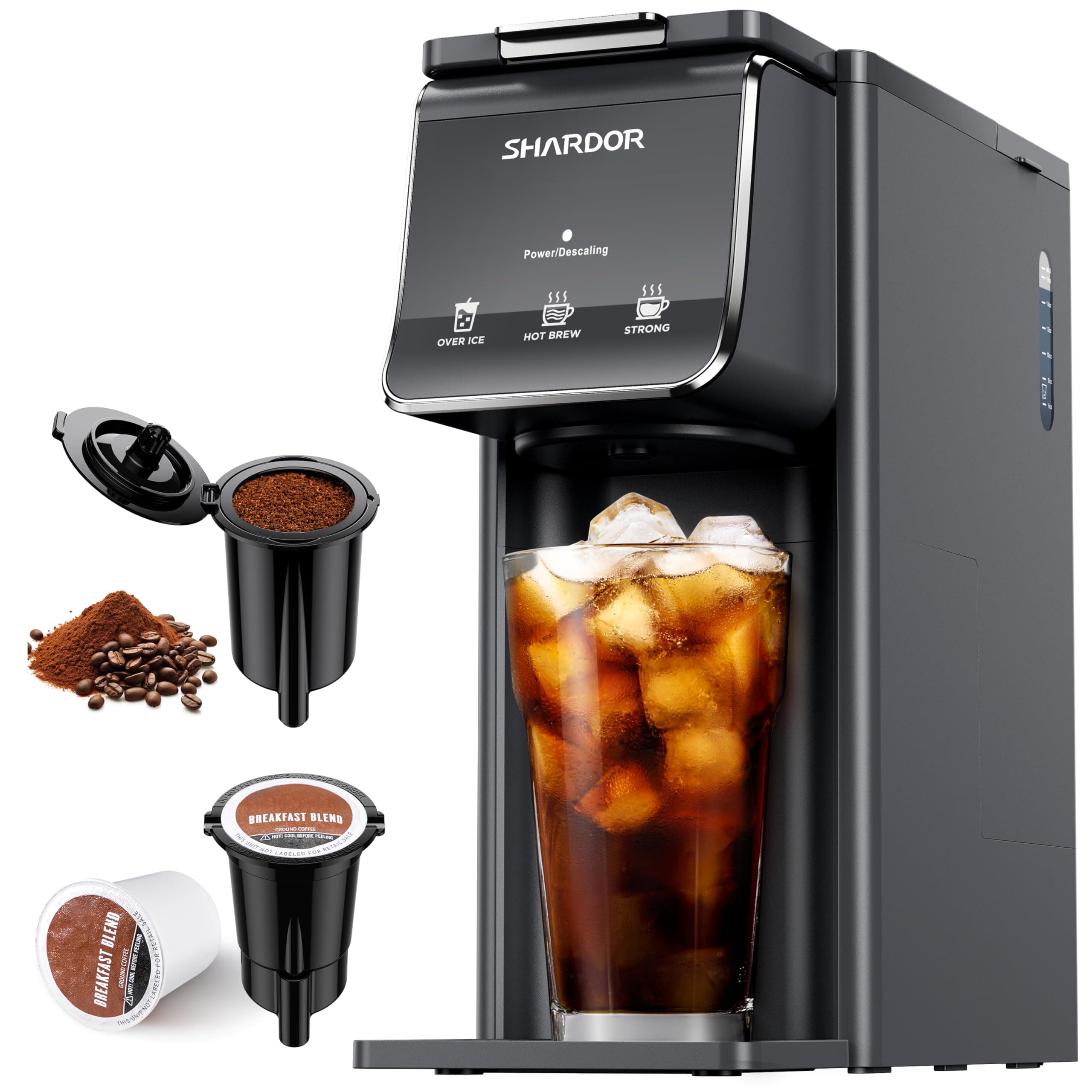 SHARDOR Hot & Iced Coffee Maker, K Cup Coffee Maker Compatible with Ground Coffee, Single Serve Coffee Machine with Bold Setting, Reusable Filter, Travel Mug Friendly, Compact Design, Grey