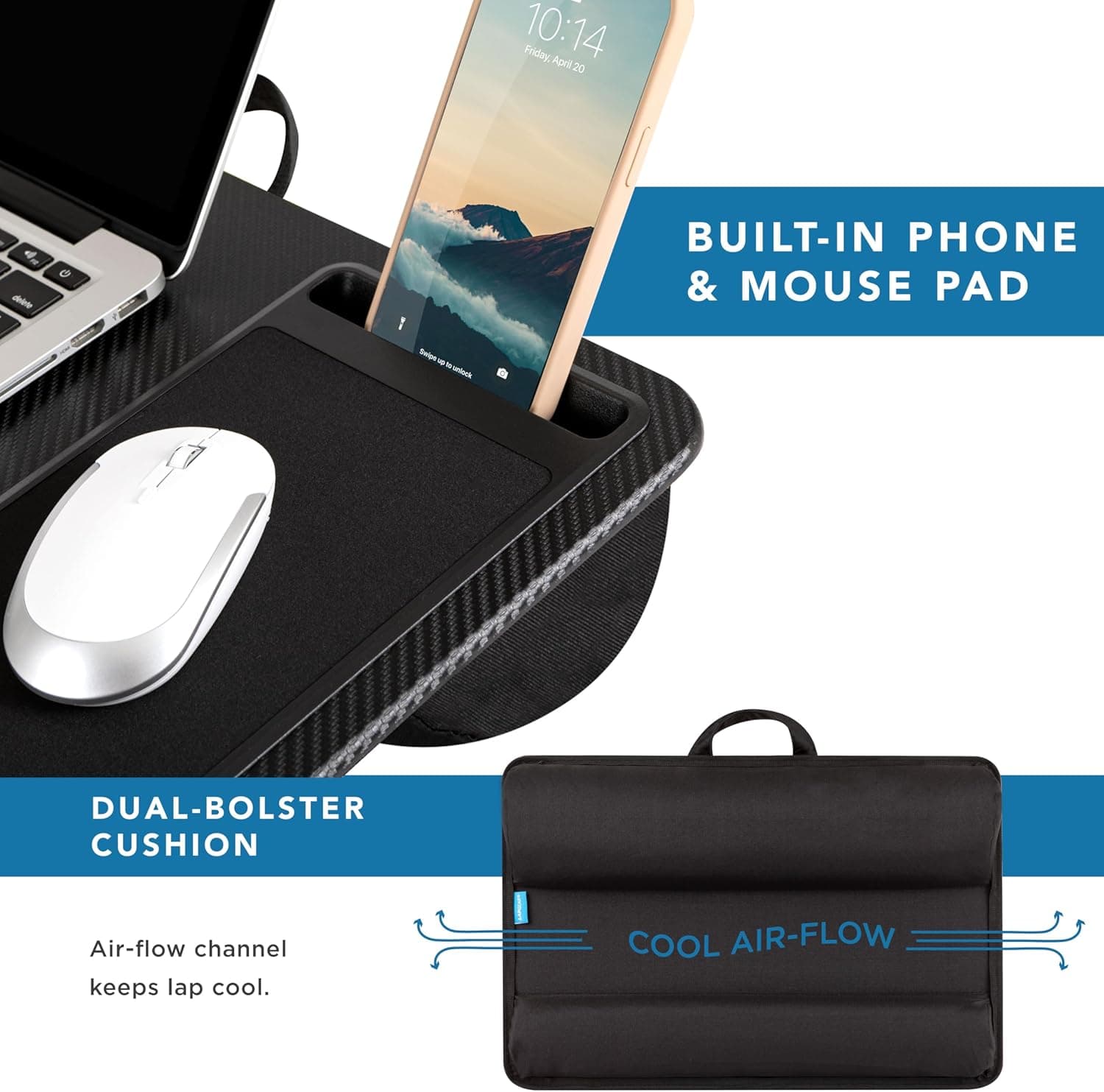 LAPGEAR Home Office Pro Lap Desk with Wrist Rest, Mouse Pad, and Phone Holder - Black Carbon - Fits up to 15.6 Inch Laptops - Style No. 91598 Black Carbon Home Office Pro W/Wrist Rest - Image 4