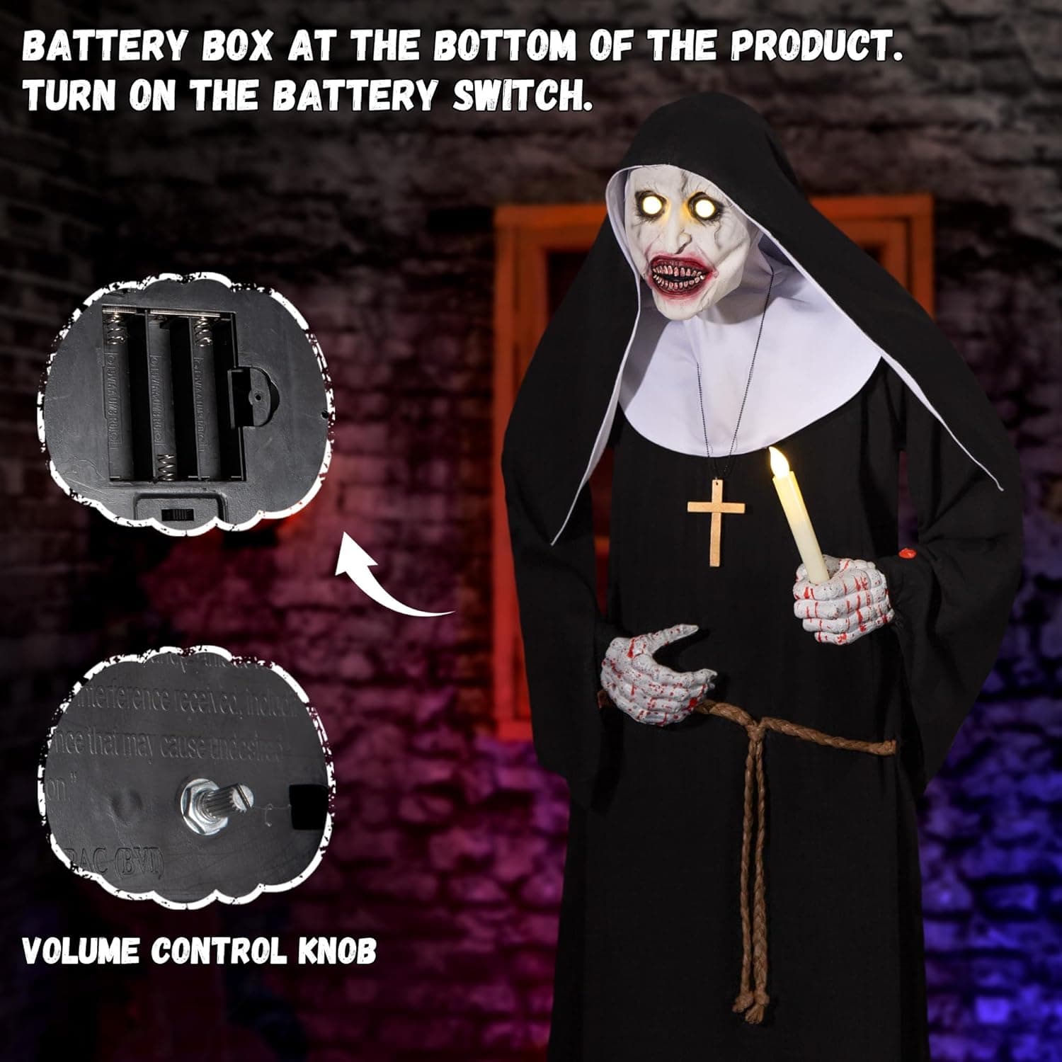 Halloween Animatronics 6ft Nun Animated 72inch Sister Decoration with Motion Sensor Activated, Creepy Sound, Scary Move, Light Up Eyes, Haunted House Spooky Decor Horror Prop for Indoor, Outdoor, Yard - Image 6