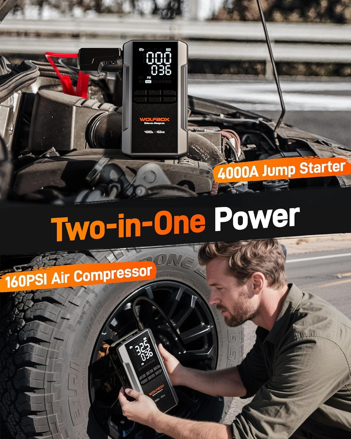 WOLFBOX 4000A Jump Starter with 160PSI Air Compressor, 12V Car Battery Booster, 65W Fast Charge, 88.8Wh Portable Tire Inflator, LED Display for 10L Gas & 10L Diesel Engines, LED Light, Jumper Cables 4000A&24000mAh - Image 2