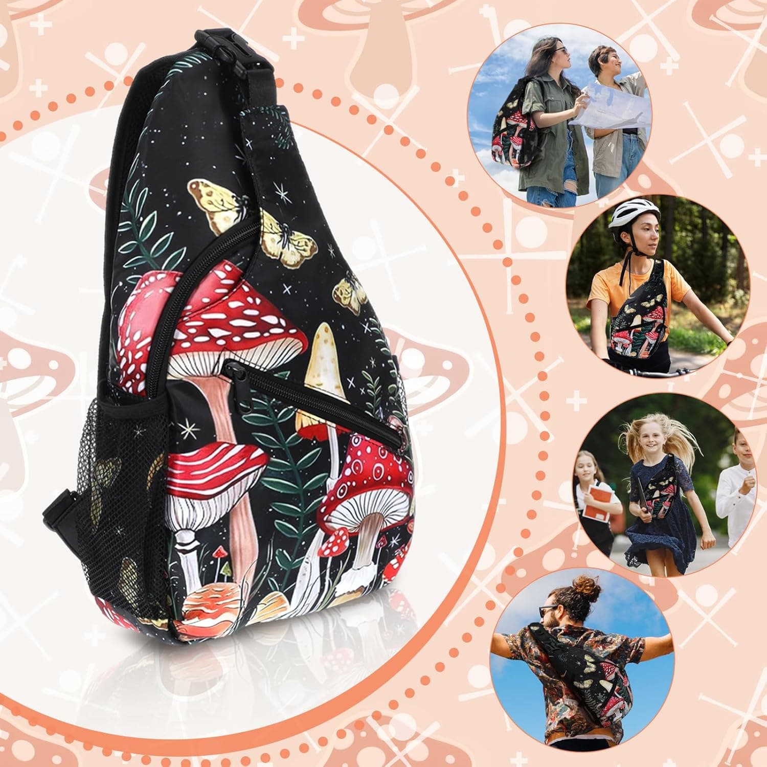cobee 3 Pcs Mushroom Sling Backpack Set, Adjustable Crossbody Shoulder Bag Multi-pocket Chest Bag with Mushroom Purse Keychain for Men Women, Travel, Hiking, Casual Sport, Climbing, Runners - Image 6