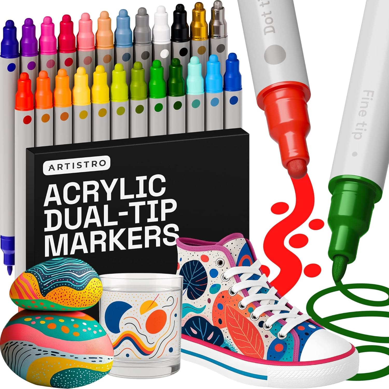 ARTISTRO 24 Acrylic Paint Markers for Rock, Fabric, Wood, Glass, Craft, Decoration - Dual-Tip Paint Pens - Stocking Stuffers, Christmas Gift Idea for Teens, Grandkids, Kids - Art Supplies 24 Multicolor - Image 2
