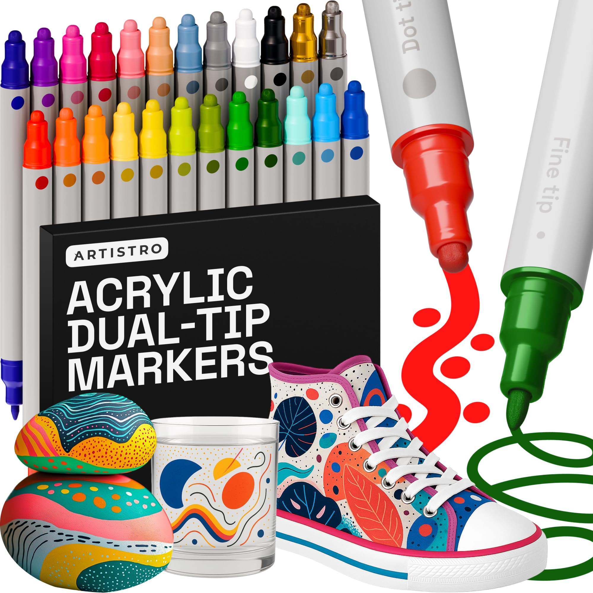 ARTISTRO 24 Acrylic Paint Markers for Rock, Fabric, Wood, Glass, Craft, Decoration - Dual-Tip Paint Pens - Stocking Stuffers, Christmas Gift Idea for Teens, Grandkids, Kids - Art Supplies 24 Multicolor