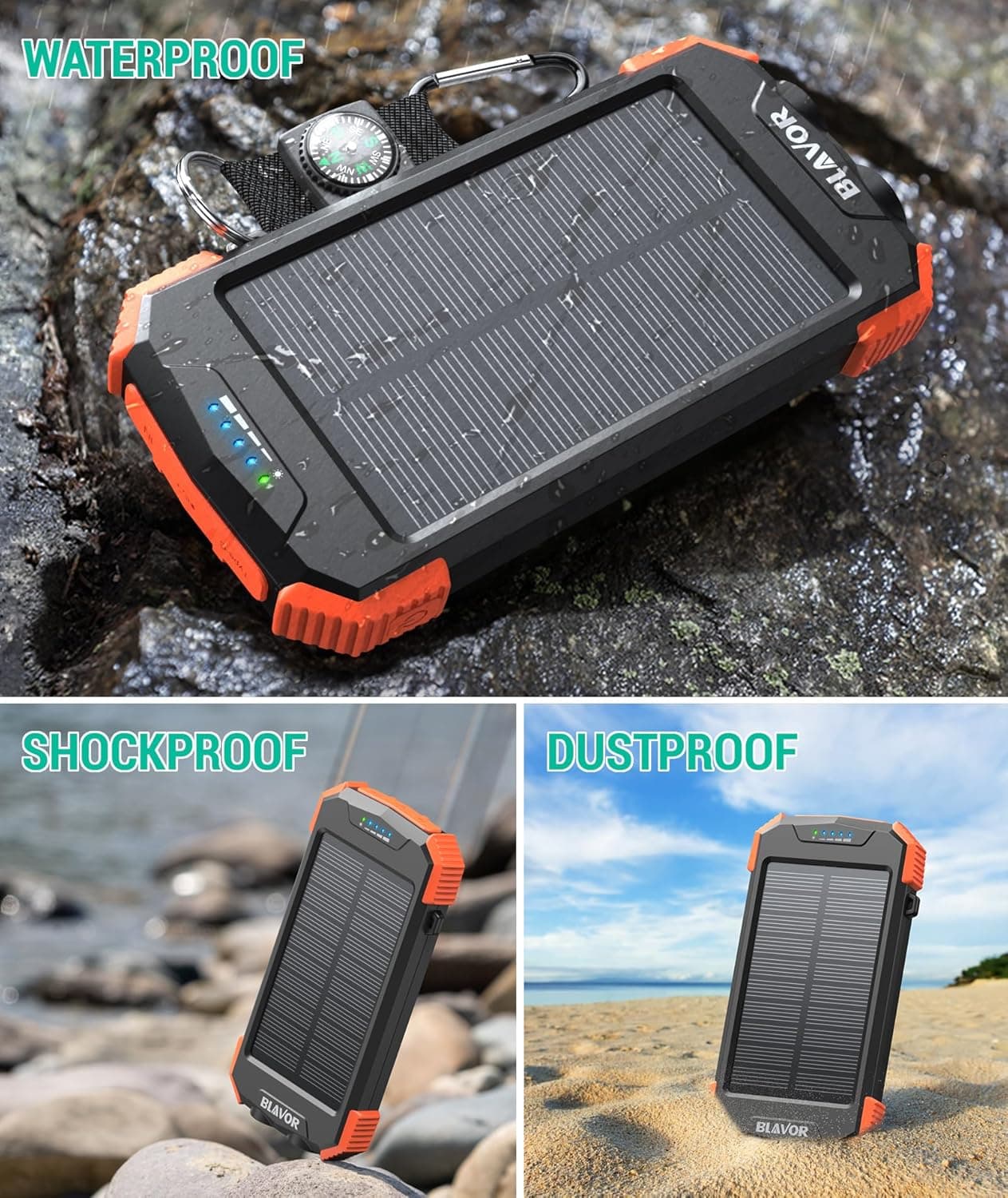 BLAVOR Solar Charger Power Bank 10,000mAh, Portable Wireless Charger, 20W Fast Charging External Battery Pack with USB C for Cell Phones, Solar Panel Charger with Dual Flashlight for Camping Orange - Image 7