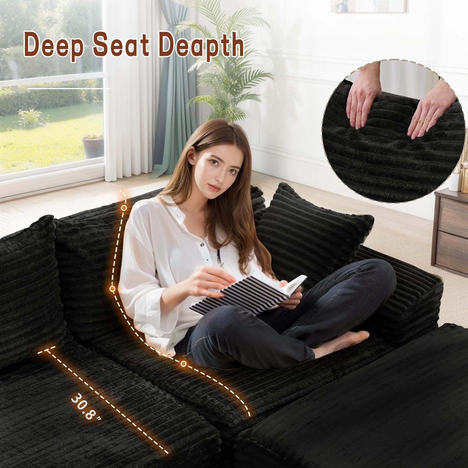 108" Sectional Couches for Living Room, Modular Sectional Sofa with L-Shape Chaise, Cloud Couch, Comfy Corduroy Fluffy Couch with Deep Seat and Side Pockets, No Assembly Required Jet Black - Image 5