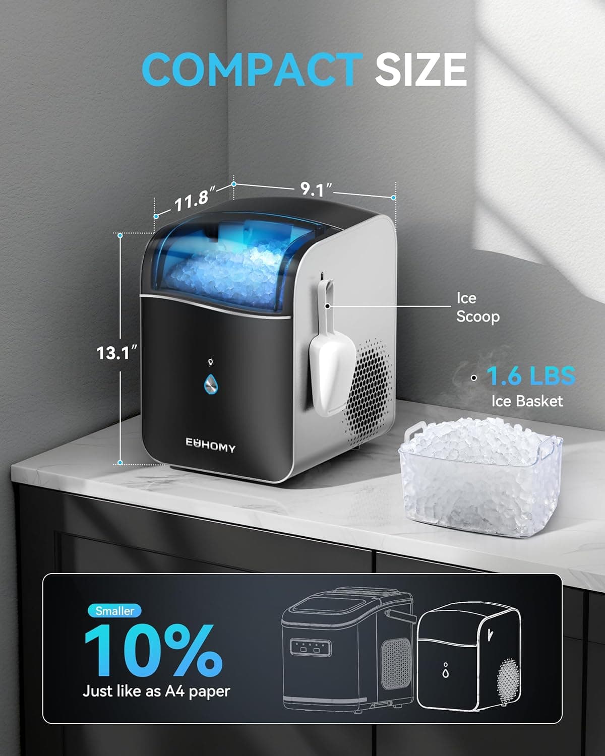 EUHOMY Smart Nugget Ice Maker Countertop, Pebble Ice Maker Machine with APP Control, 40lbs/24H, Ready in 7 Mins, Self-Cleaning, Portable Sonic Ice Makers with Hanging Ice Scoop for Home/Kitchen/Office Black 40 lbs/Day - Image 9