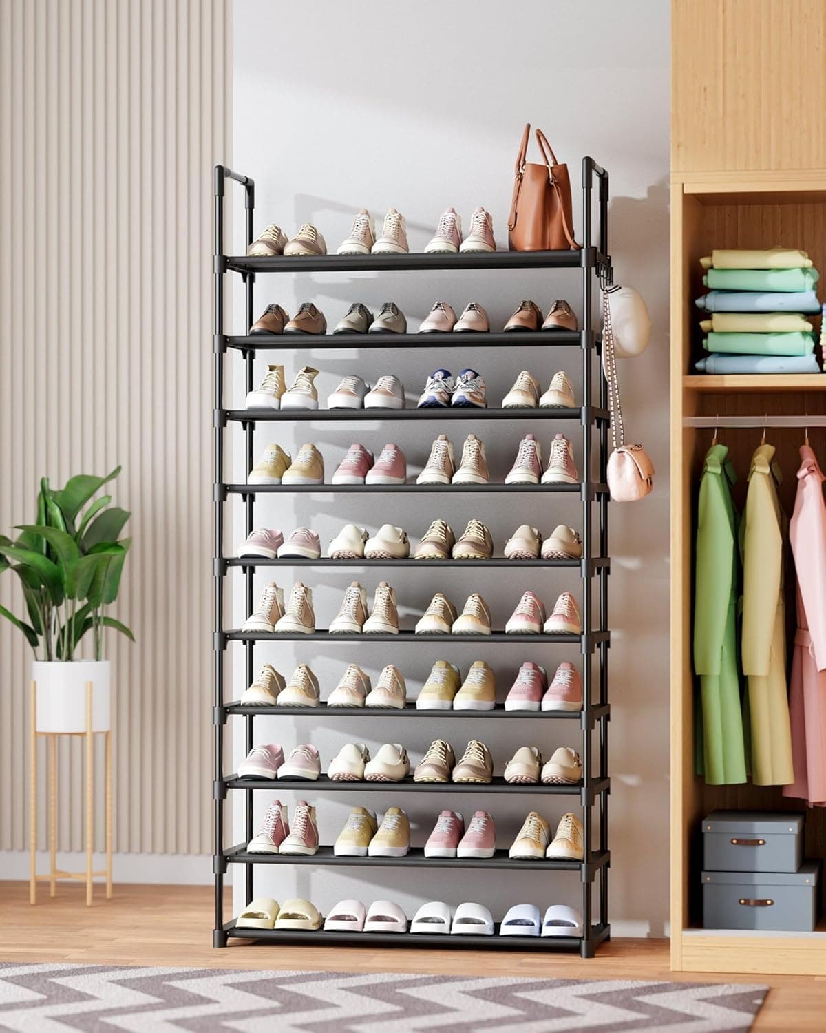 Kitsure Shoe Rack for Closet - 10-Tier Shoe Organizer with Hook Rack, Large-Capacity & Space-Saving Shoe Shelf for Entryway, Bedroom, Living Room,32.2" x 11.8" x 68.5", Black Black 32.2" x 11.8" x 68.5" - Image 7