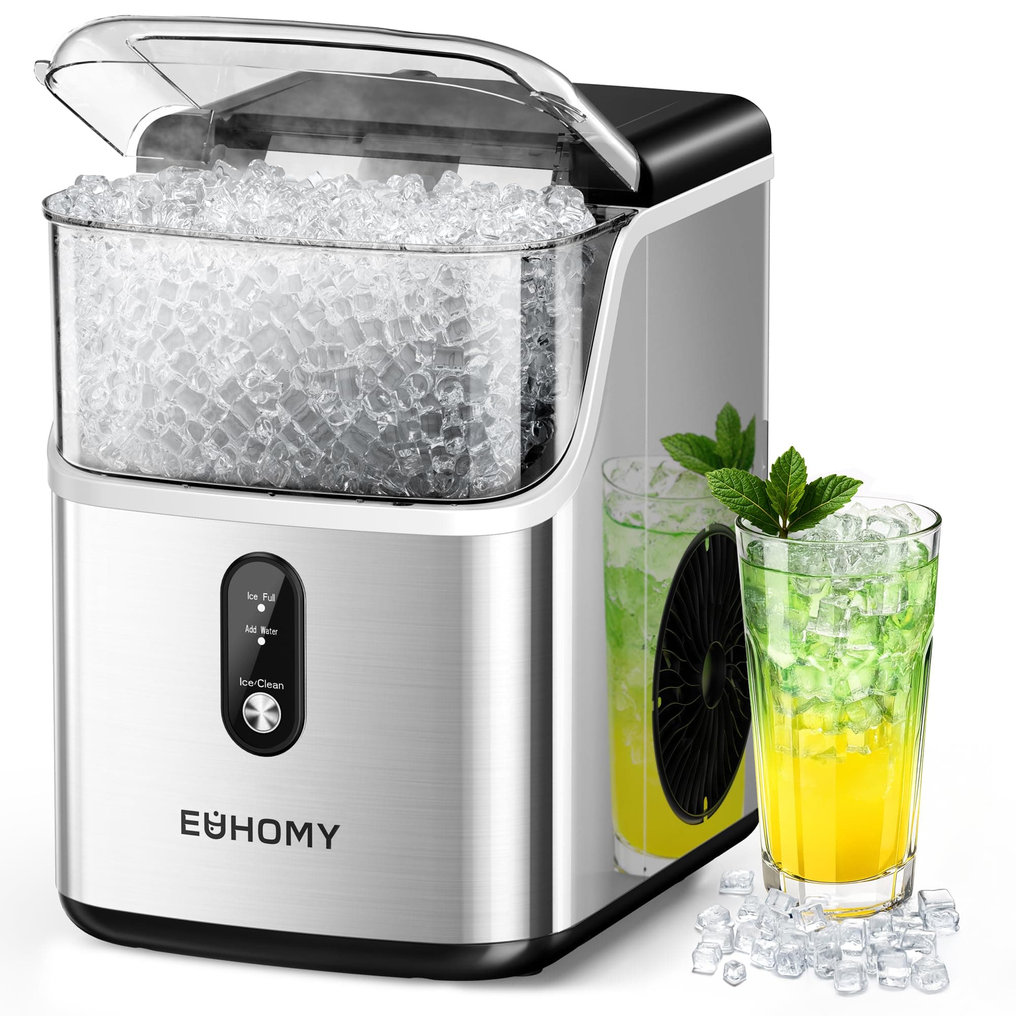 EUHOMY Nugget Ice Makers for Countertop with Ice Scoop & Basket, Self-Cleaning Sonic Pebble/Pellet Ice Maker Machine with 35lbs/24H Soft Ice for Home/Kitchen/Office, Stainless Steel, Silver Silver 35LBS/Day