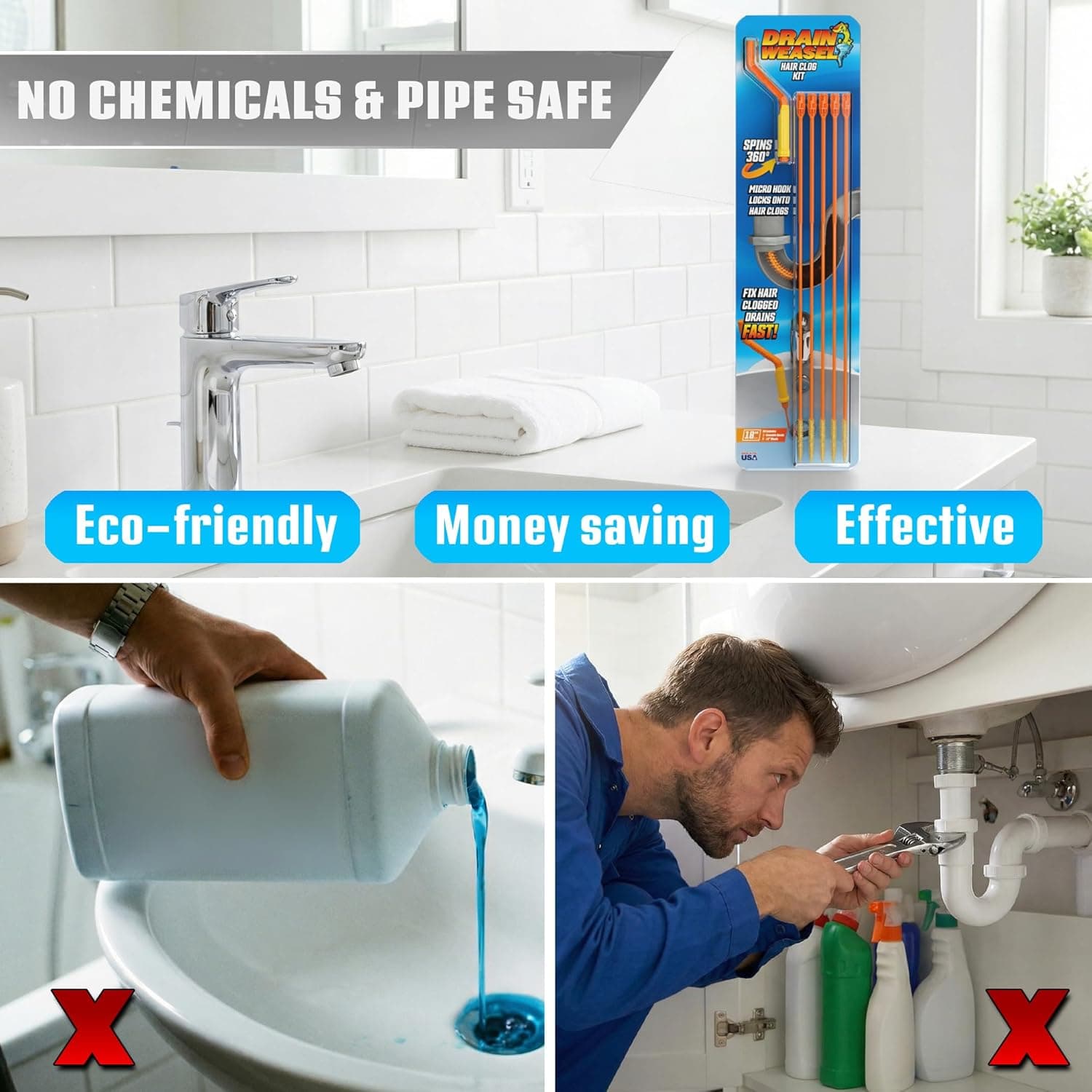 FlexiSnake Drain Weasel Sink Snake Hair Clog Remover Tool, Pipe, Bathroom, Bathtub Cleaner, 18-inch, Made in the USA, 5 Wands and Removable Handle 5 Pack - Image 8