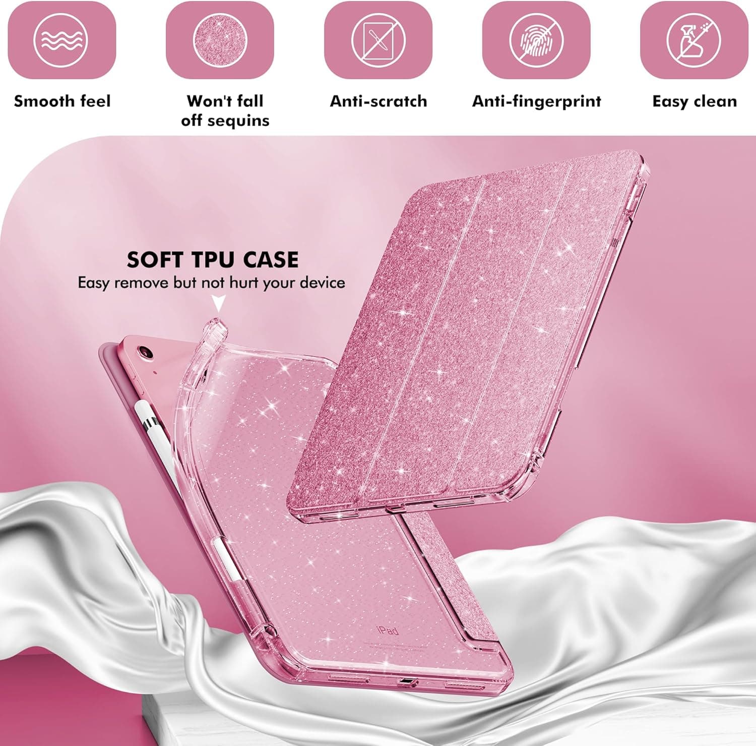 INFILAND Compatible sa iPad A16 11th Generation 11 Inch 2025 Case, iPad Case 10th Generation 10.9 Inch, Glitter Cover na may Sparkly Clear Back, Pencil Holder, para sa Mga Bata na Babae (Rose Pink) - Image 5