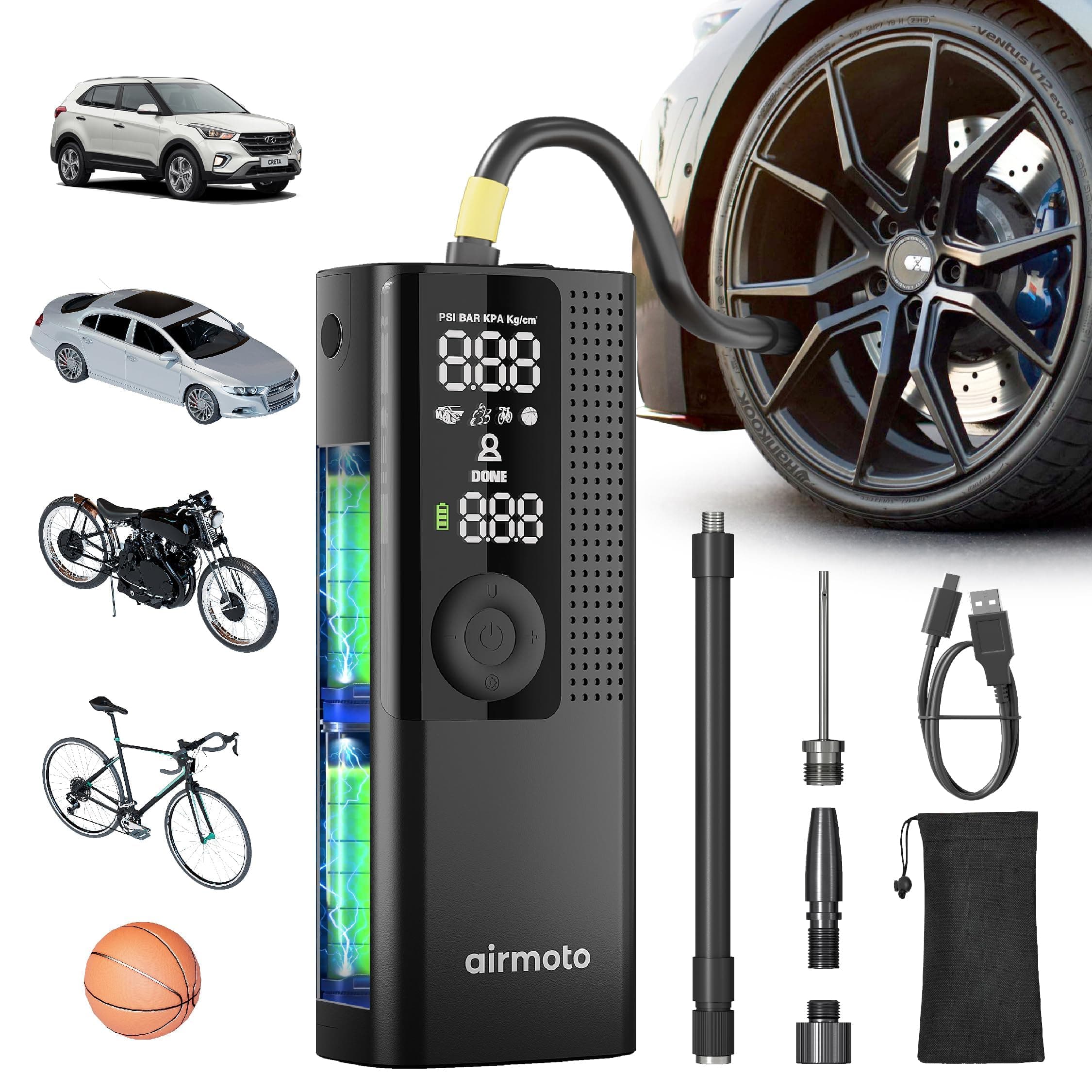 Airmoto Tire Inflator Portable Air Compressor - Air Pump for Car Tires with Digital Pressure Gauge, LED Light and Auto Shut-Off Function - Cordless Pump for Car, Motorcycle, Bicycle, Ball 1-Pack