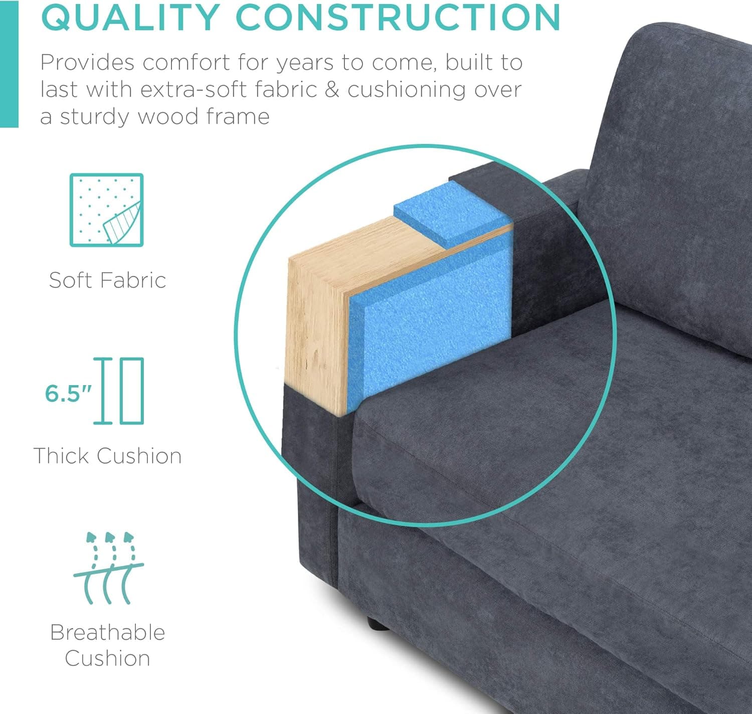 Best Choice Products Upholstered Sectional Sofa for Home, Apartment, Dorm, Bonus Room, Compact Spaces w/Chaise Lounge, 3-Seat, L-Shape Design, Reversible Ottoman Bench, 680lb Capacity - Blue/Gray - Image 7