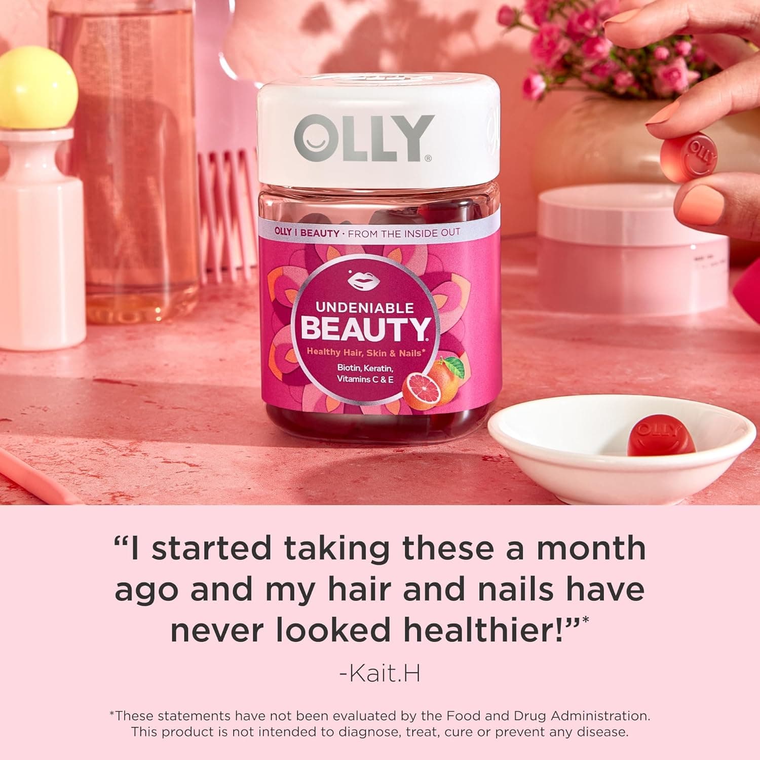 OLLY Undeniable Beauty Gummy, For Hair, Skin, Nails, Biotin, Vitamin C, Keratin, Chewable Supplement, Grapefruit, 30 Day Supply - 60 Count 60 Count (Pack of 1) - Image 7