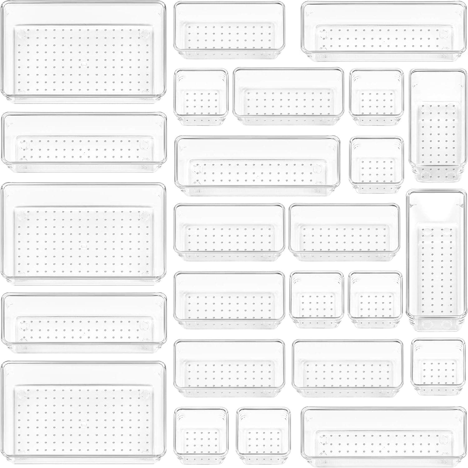 Vtopmart 25 PCS Clear Plastic Drawer Organizers Set, 4-Size Versatile Bathroom and Vanity Drawer Organizer Trays, Storage Bins for Makeup, Bedroom, Kitchen Gadgets Utensils and Office - Image 2