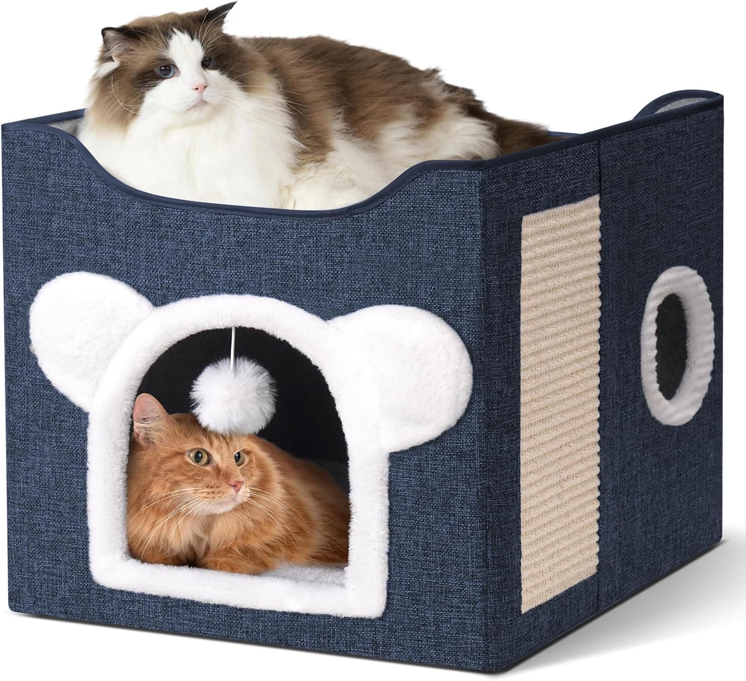 Cat Houses for Indoor Cats, Large Cat Cave with Fluffy Ball and Scratch Pad, Covered Cat Bed House, Foldable Cat Hideaway Deepblue - Image 2