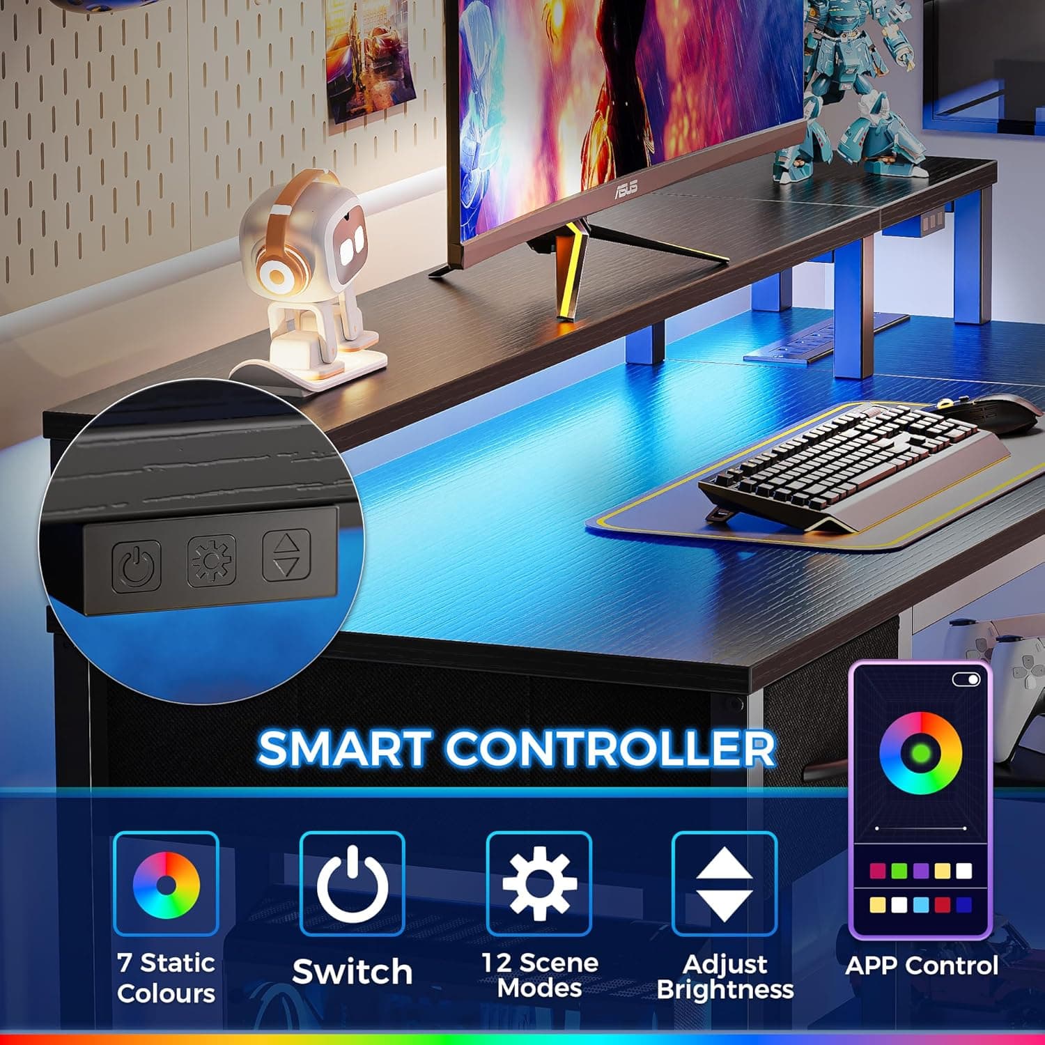 SUPERJARE 47 inch L Shaped Gaming Desk with LED Lights & Power Outlets, Reversible Computer Desk with Shelves & Monitor Stand, Corner Desk with Drawer, for Home & Office, Black, 7998BC Black 47 inch - Image 6