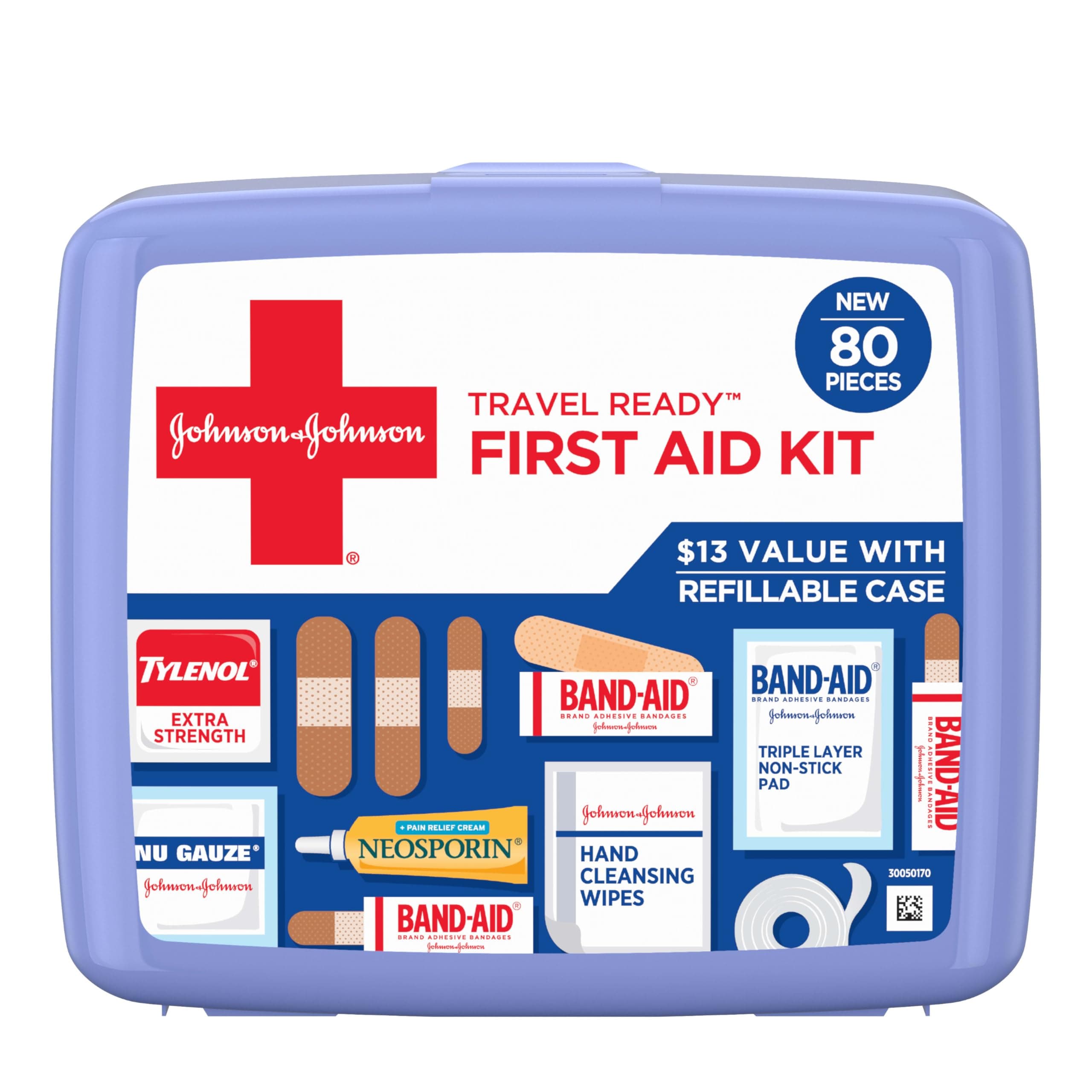 BAND-AID Brand Travel Ready Portable Emergency First Aid Kit for Minor Wound Care, Perfect for Home, Car, Travel, Camping Essentials & Outdoor Emergency Kit, 80 Pieces 80 Count