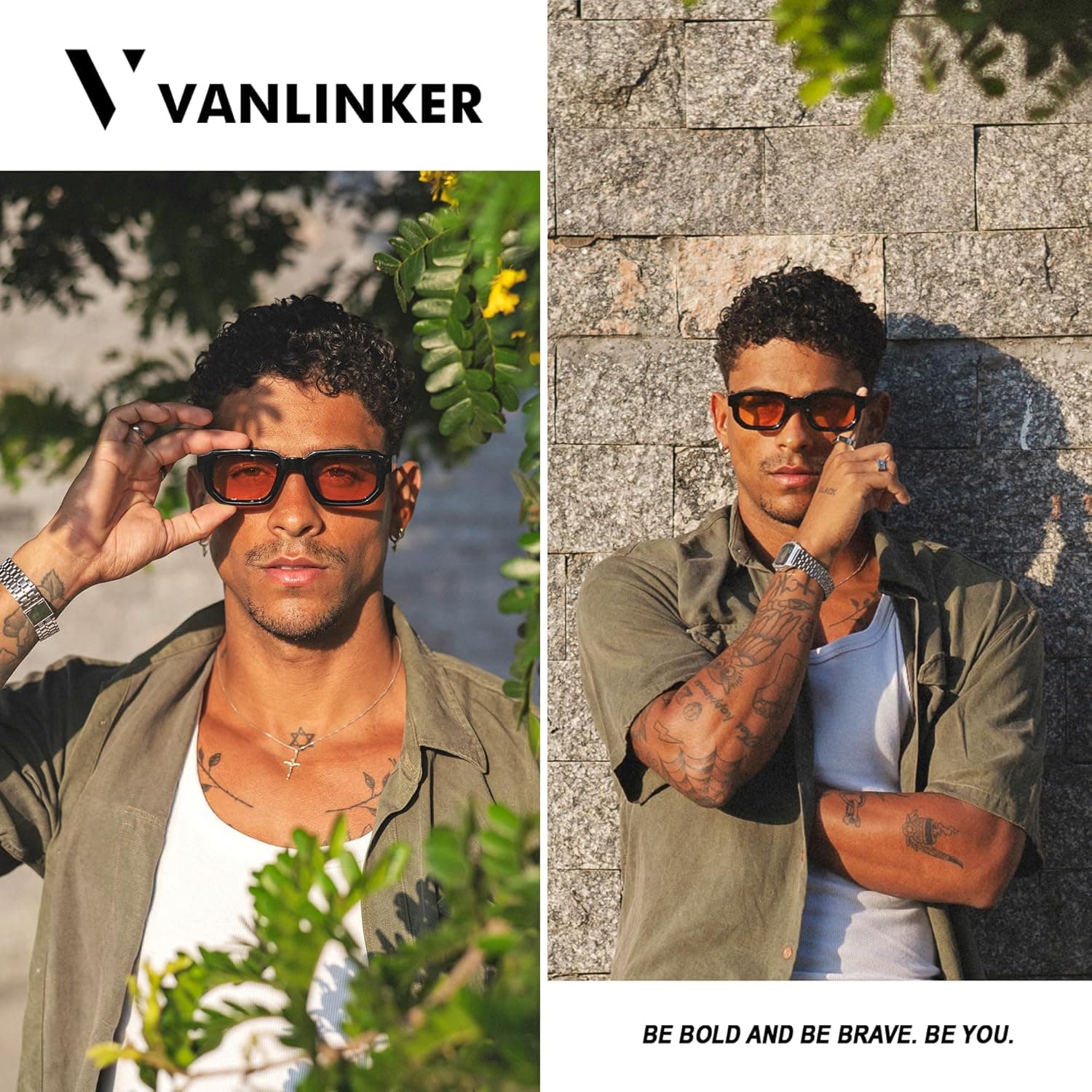 VANLINKER Retro Small Chunky Rectangle Sunglasses for Men Women Vintage Trendy Square Thick Sun Glasses VL9823 C5-orange Lens/Black Frame - Image 3