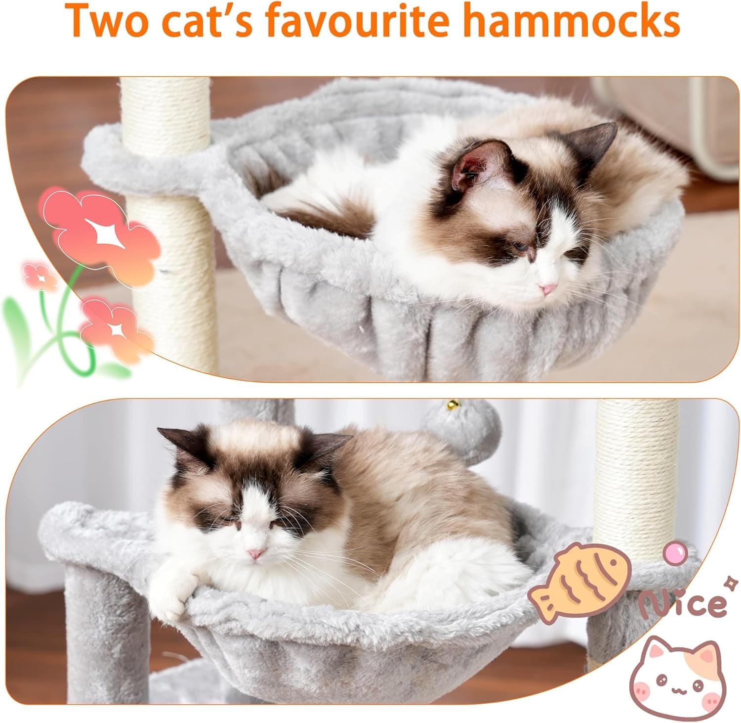 Árbol para Gatos Heybly, Torre de 39.4 Pulgadas con Poste Rascador, Torre para Gatos de Interior, Poste Envuelto en Sisal, Plataforma Suave, 2 Cestas y Juguete Colgante, Gris Claro HCT006SW 39.4 pulgadas Gris Claro - Image 5