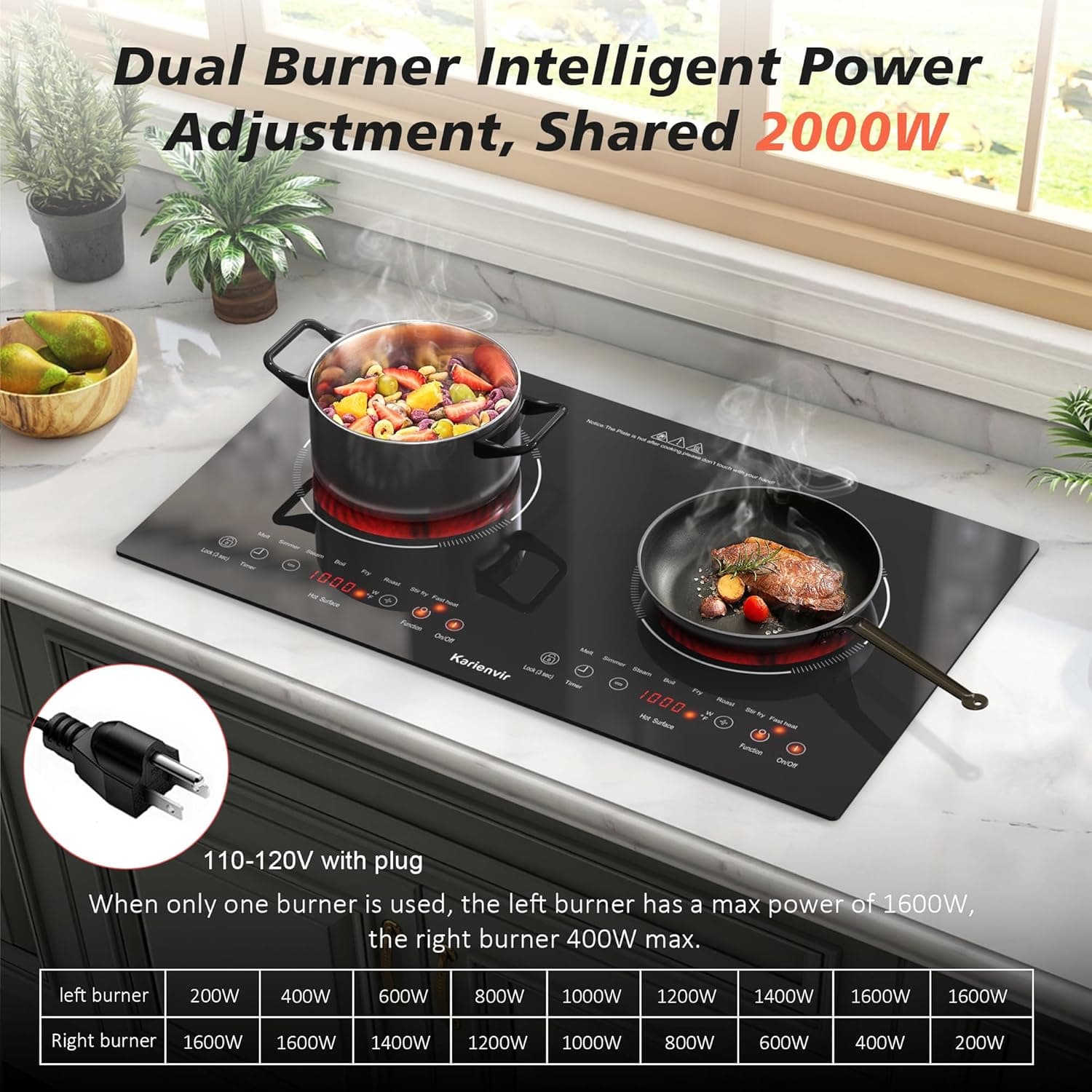 2 Burner Electric Cooktop 110v, 2000W Electric Stove Top Countertop & Built-in, Plug-in Electrics Cooktop 24 Inch, 8 Power Levels & 8 Functions, Touch Control, Safety Lock, Timer, Karienvir 24 inch black 2 burner - Image 4