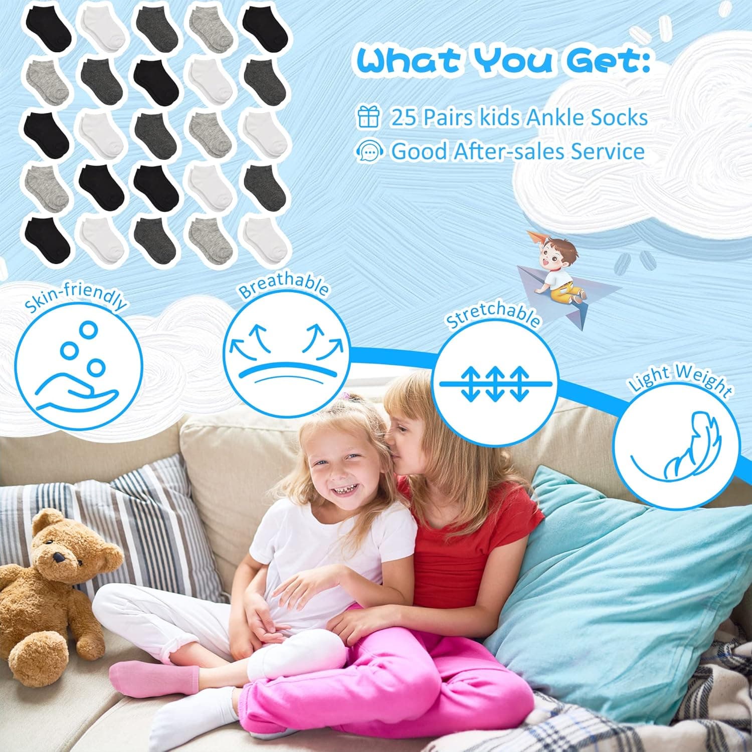 Kids Socks - 25 Pairs Toddler Ankle Socks Set, Low Cut for Boys & Girls (0-14 Years Old) 4-7 Years #1 Black+white+grey+darkgrey 25pk - Image 8