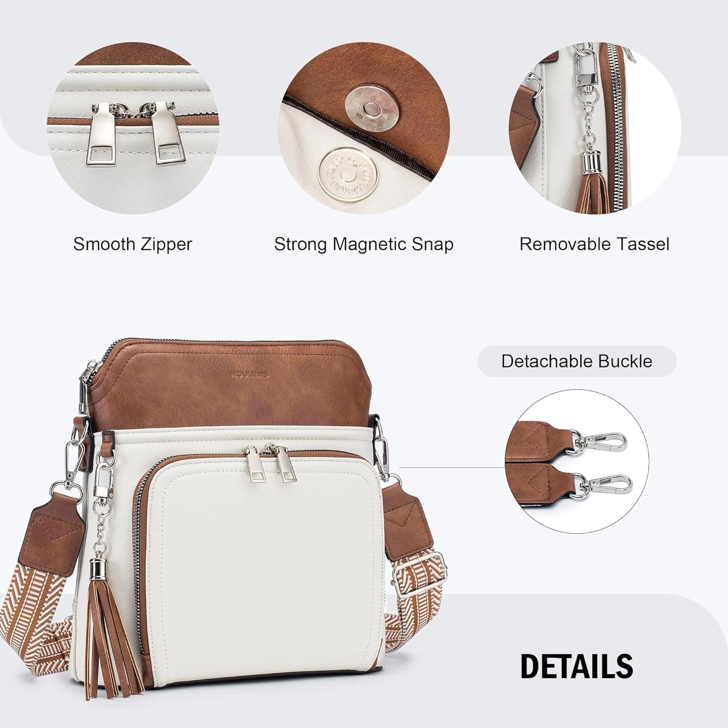 Roulens Crossbody Purse for Women Vegan Leather Medium Crossbody Wallet Bag for Travel Women Shoulder Handbags with Tassel Beige Brown - Image 7