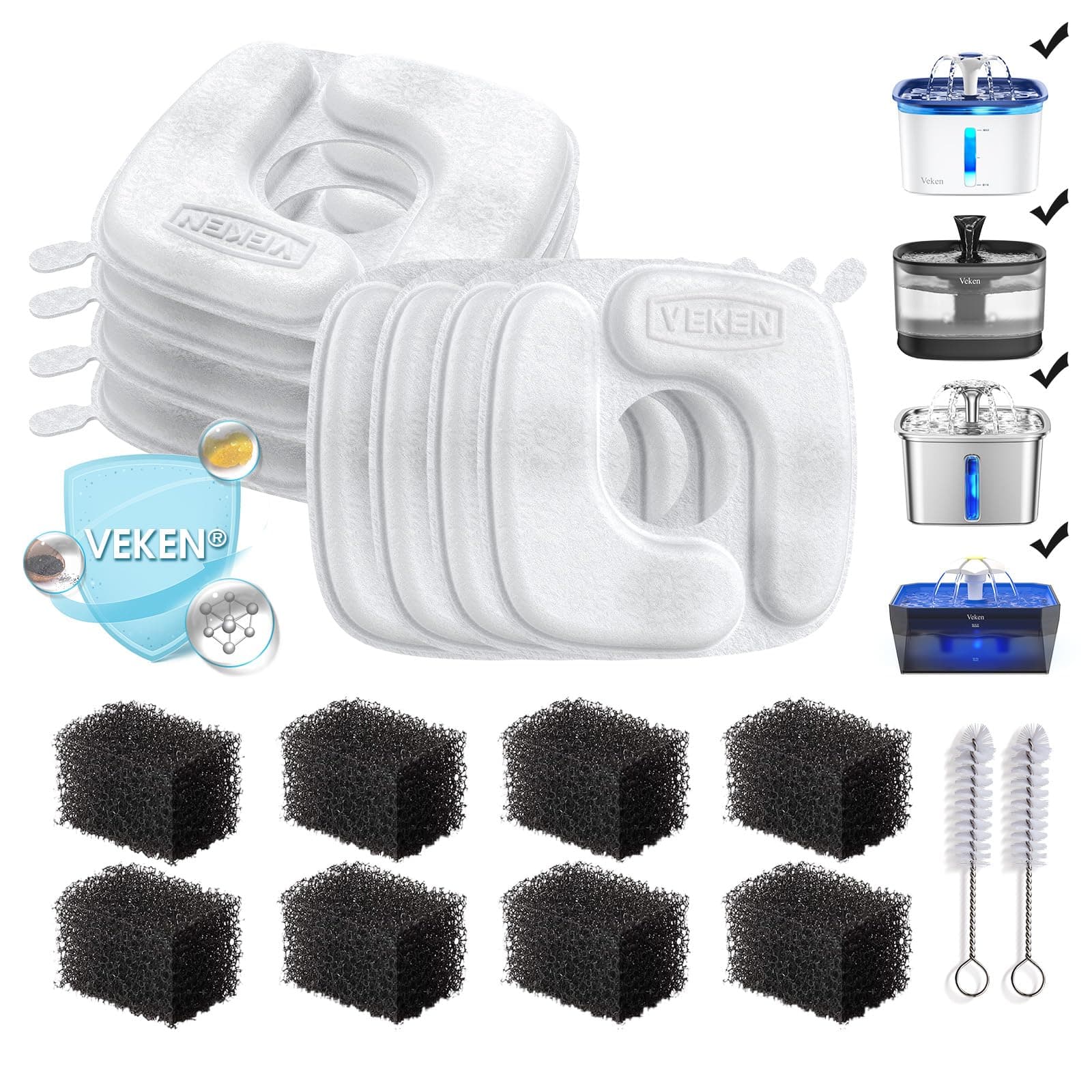 Veken Cat Water Fountain Filters, 8 Pack Replacement Filters & 8 Pack Replacement Pre-Filter Sponges Set for 50oz, 84oz, 95oz or 108oz Automatic Pet Fountain Dog Water Dispenser 8 Filters+8 Sponges (4 month supply) 5-Stage Filtration