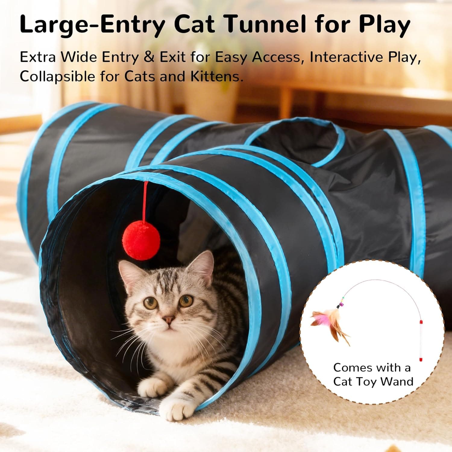 Tempcore Pet Cat Tunnel Tube Cat Toys 3 Way Collapsible, Tunnels for Indoor Cats，Kitty Bored Peek Hole Toy Ball Cat, Puppy, Kitty, Kitten, Rabbit 3-Way 3-Way Blue - Image 4