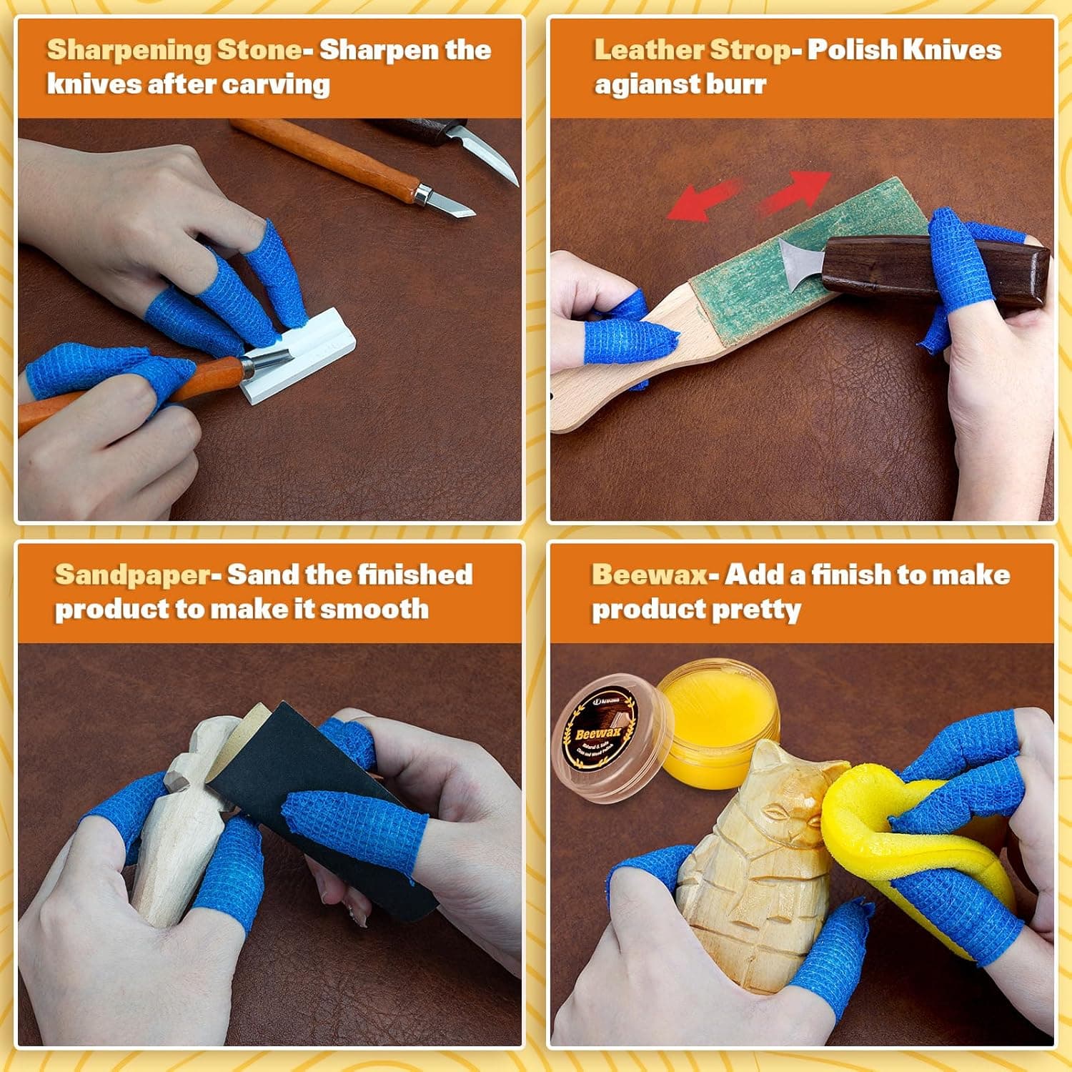 Wood Carving Kit, 32Pcs Wood Carving Tools with PU Storage Bag, Wood Whittling Knife Kit with 4pcs Templates & 11pcs Wood Carving Knives for Wood DIY Beginners - Image 7