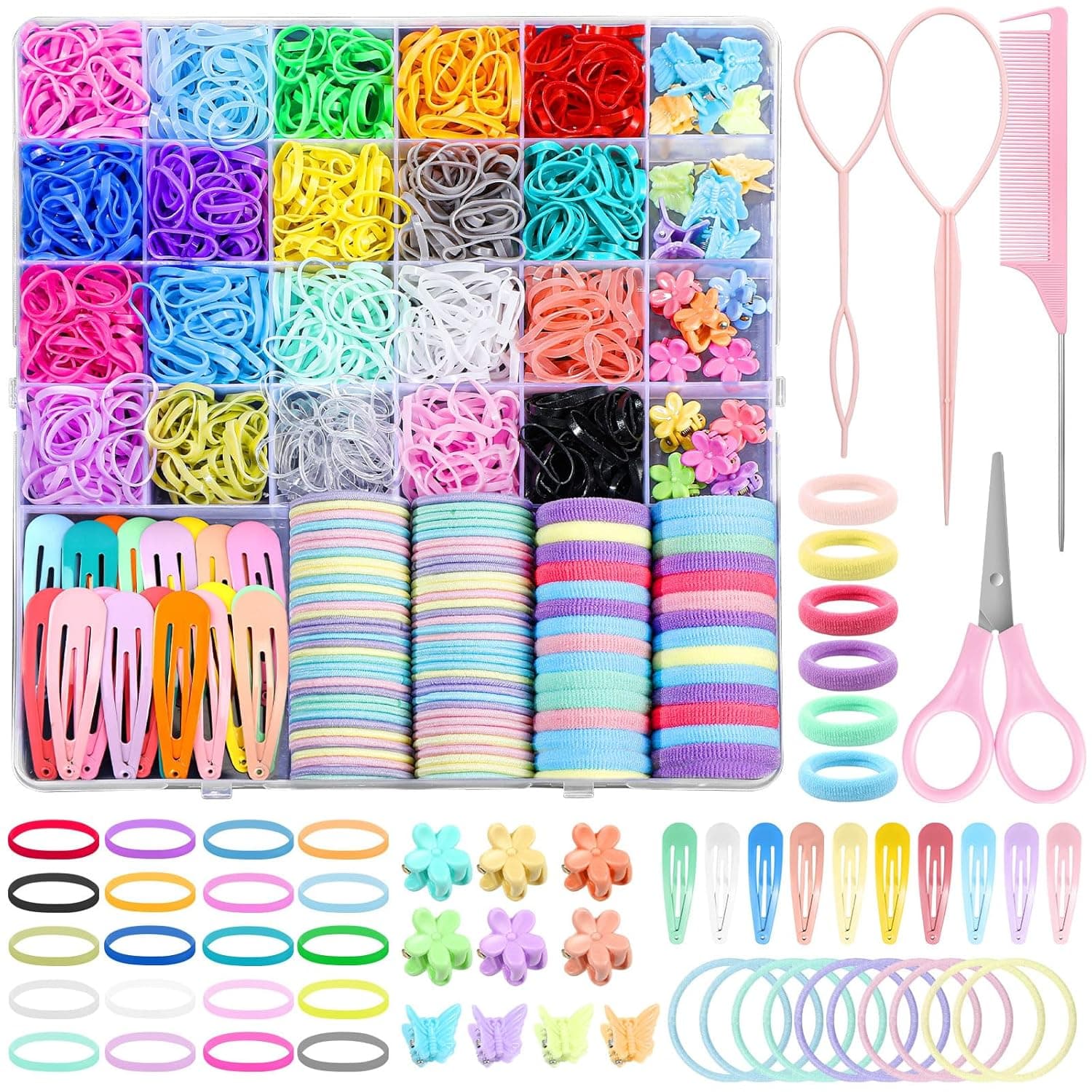 Hair Accessories for Girl, 1543 Pcs Elastic Hair Rubber Bands Set 20 Colors Elastic Hair Ties with Organizer Box Cotton Baby Hair Ties, Hair Tail Tools, Rat Tail Comb, Butterfly Hair Clips Multicolor - Image 2