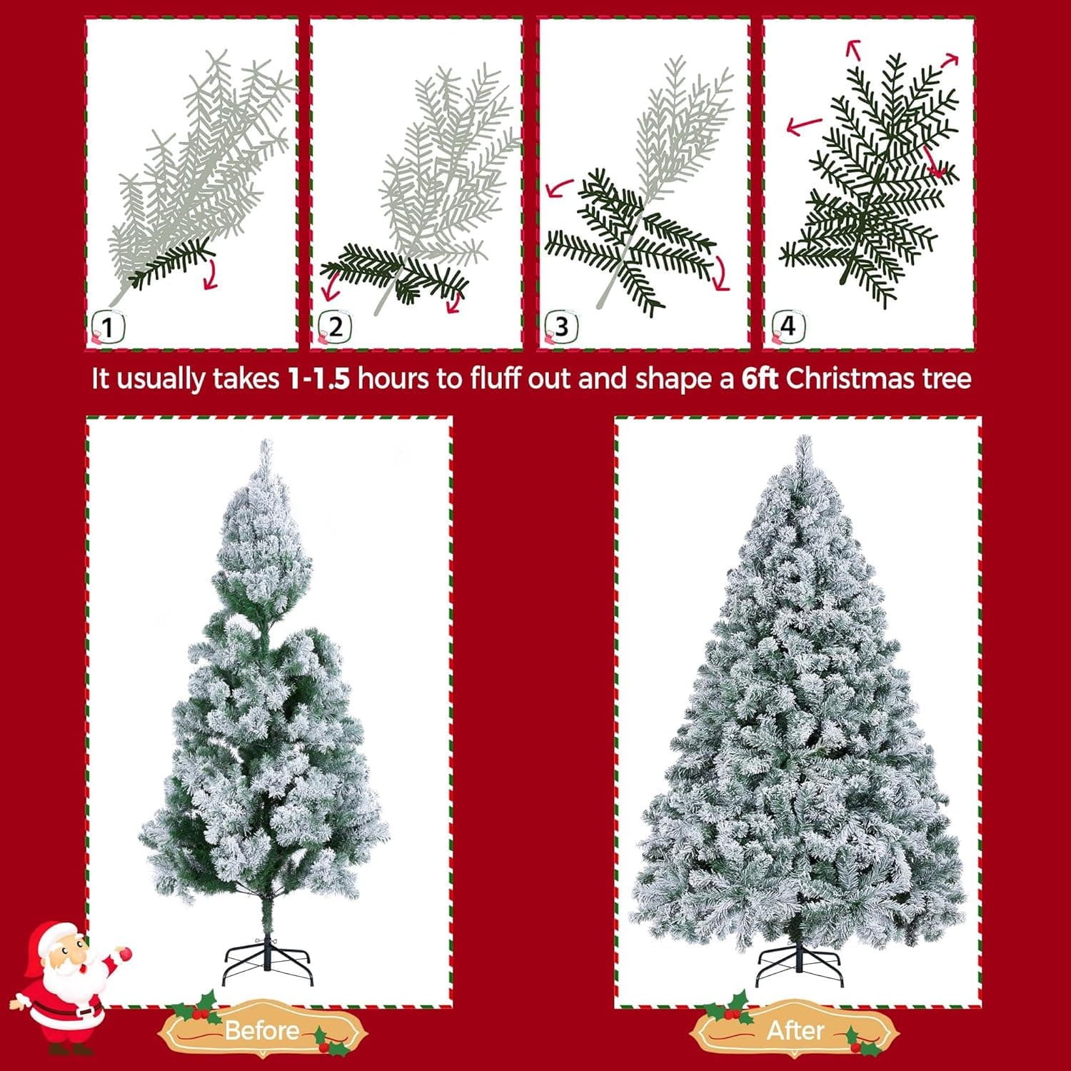 Yaheetech 6ft Snow Flocked Pre-lit Christmas Tree with 250 Warm White Lights, 820 Lush Branch Tips & Quick-Assembly Hinged Design, Full Artificial Xmas Tree for Winter Holiday Décor, Green & White 6ft Green & White - Image 8
