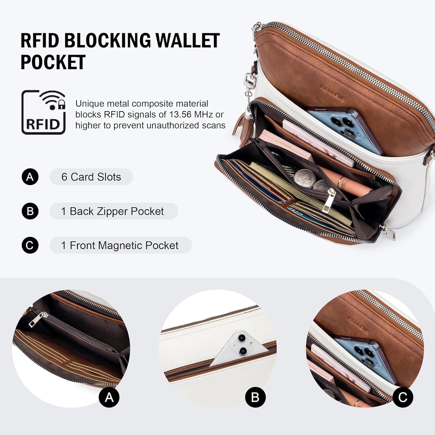 Roulens Crossbody Purse for Women Vegan Leather Medium Crossbody Wallet Bag for Travel Women Shoulder Handbags with Tassel Beige Brown - Image 4