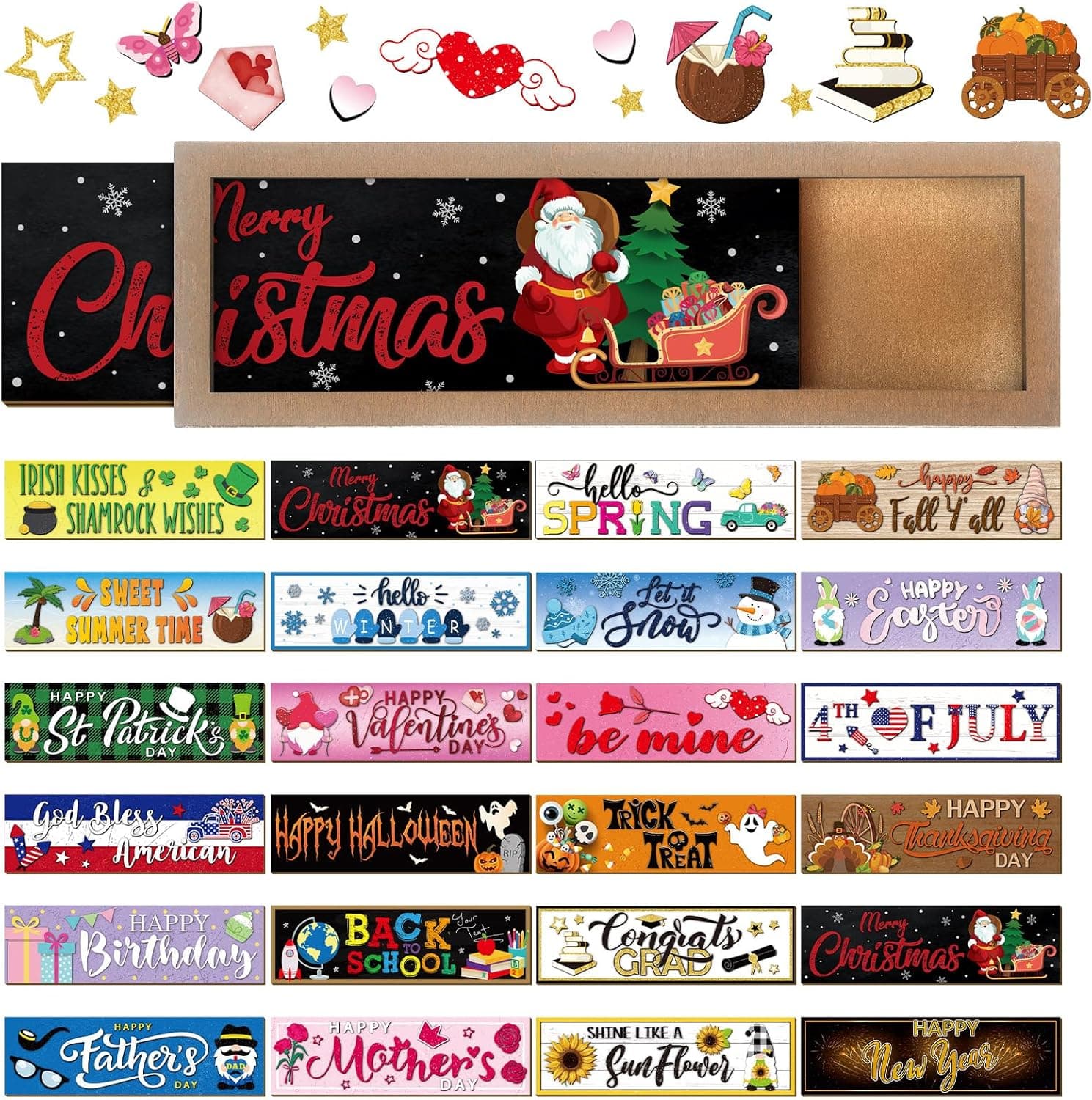 Barydat Interchangeable Season Sign Interchangeable Welcome Wood Sign for Table Decorative Seasonal Sign Decor with a Wooden Frame Wreaths for Fall Thanksgiving Halloween Autumn Decor Retro - Image 2