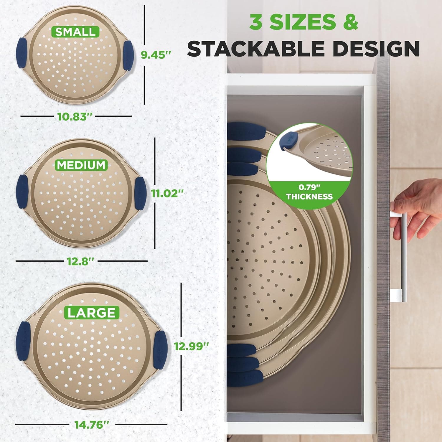 NutriChef 3-Piece Pizza Tray Set with Silicone Handles - Round Nonstick Pizza Pan with Perforated Holes, Durable Carbon Steel, Small, Medium, Large Sizes - Ideal for Crispy, Evenly Baked Pizzas (Gold) - Image 4