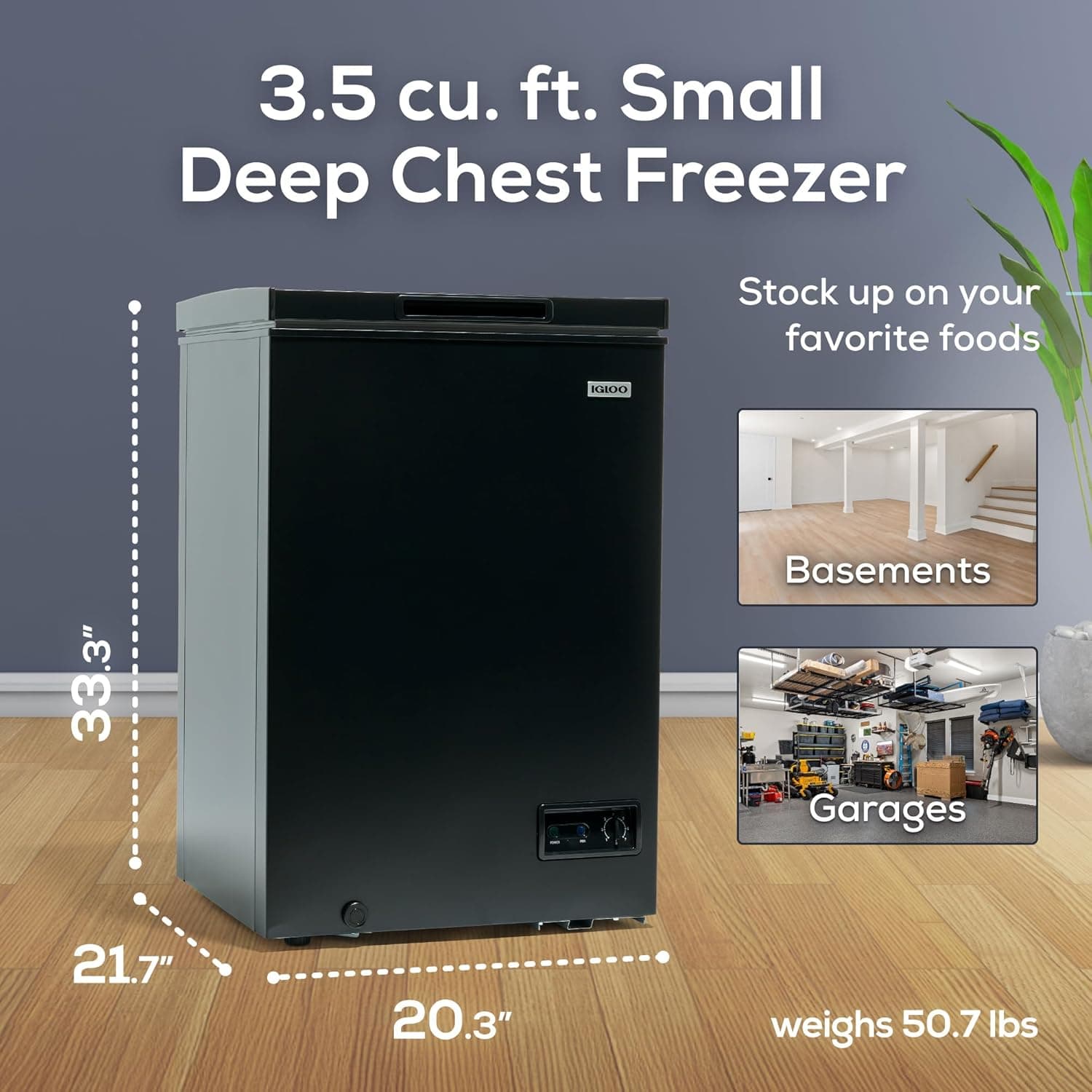 Igloo 3.5 Cu. Ft. Chest Freezer with Removable Basket and Front Defrost Water Drain, Small Deep Freezer Perfect for Homes, Garages, and RVs, Black Black 3.5 Cu. Ft. - Image 2