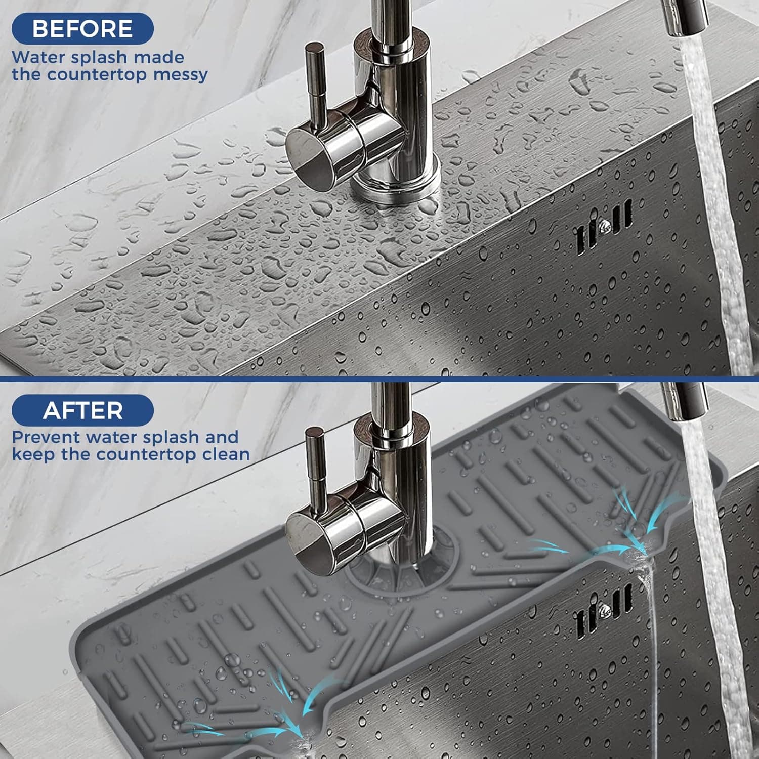 BFONS Silicone Faucet Handle Drip Catcher Drying Tray Mat Dish Soap Sponge Holder Accessories Gadgets for Kitchen Counter Bathroom Kitchen Sink Splash Guard -Grey Grey(1Pack): 14.25"x5.35" - Image 7