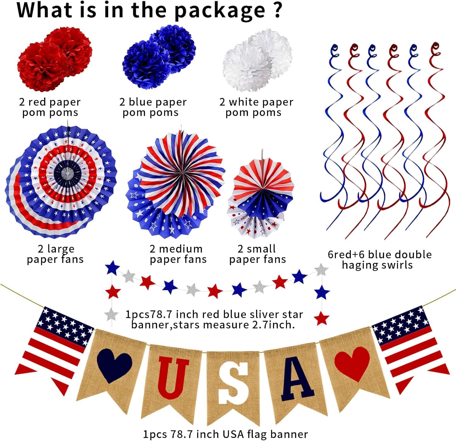 26Pcs Patriotic Decorations 4th of July Decorations LOVE USA Banner Red White Blue Paper Fans Star Streamer Pom Poms Hanging Swirls for Veterans Labor Presidents Flag Memorial Day - Image 4