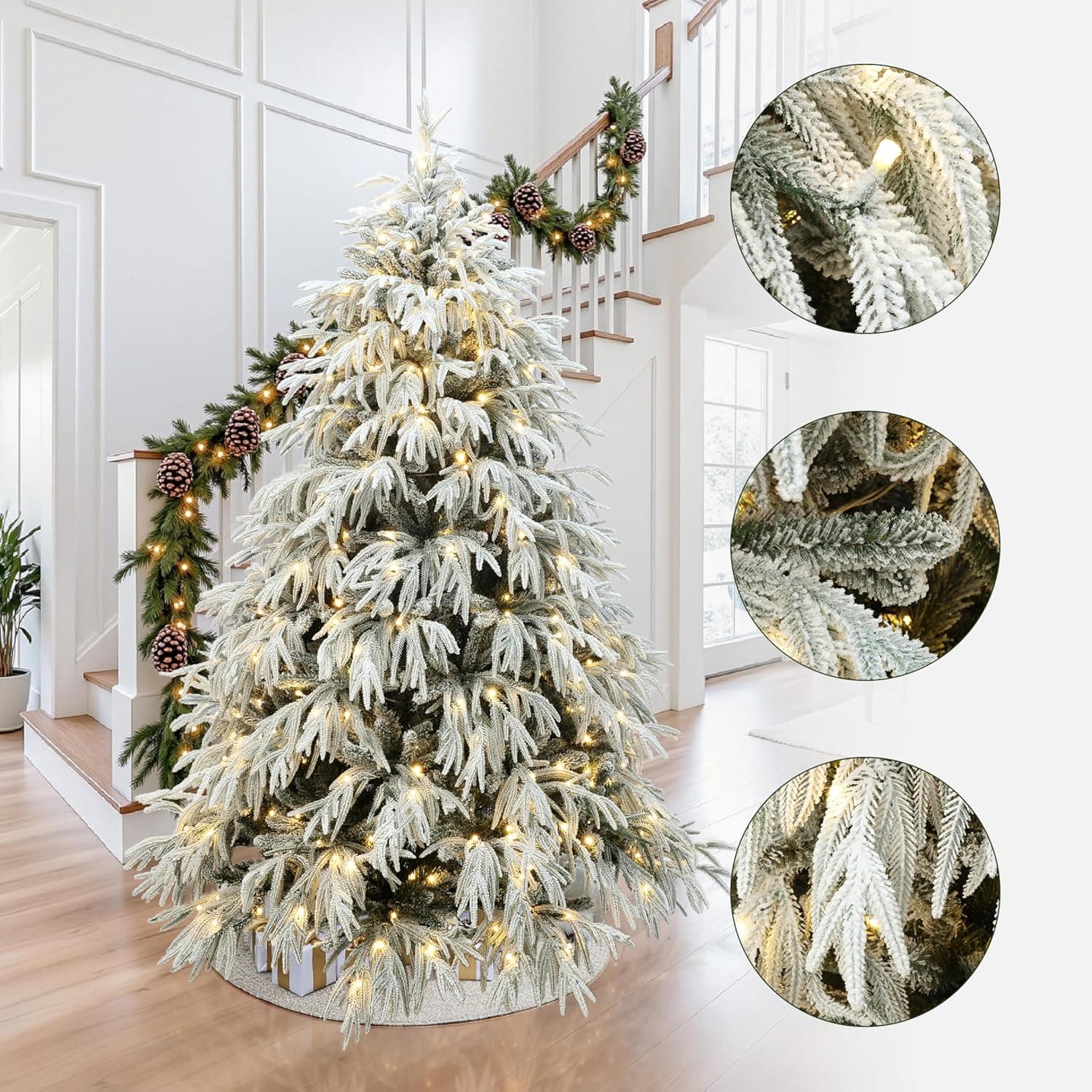 LuxenHome 6.5FT Flocked Artificial Christmas Tree, Spruce Prelit Christmas Trees Flocked with 450 Warm White LED Lights, Realistic Xmas Tree with 4000 PE+PVC Tips for Indoor and Outdoor Xmas Decor 6.5‘ Flocked Spruce - Image 3