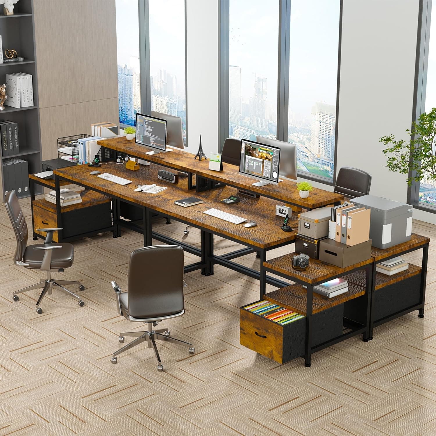 EnHomee 57" Office Desk with Drawers and Printer Space,Computer Desk with Power Outlets,Home Office Desks with File Drawers Cabinet,Study and Gaming Desk with Shelves Monitor Stand,Rustic Brown - Image 7