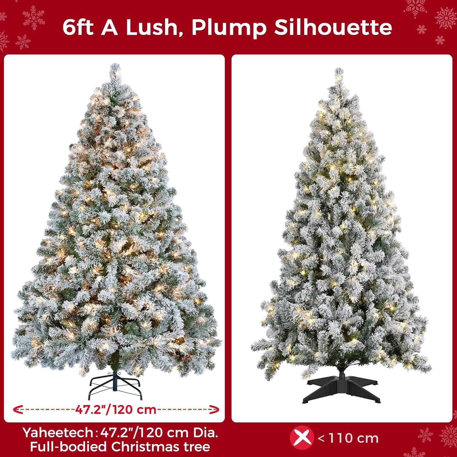 Yaheetech 6ft Snow Flocked Pre-lit Christmas Tree with 250 Warm White Lights, 820 Lush Branch Tips & Quick-Assembly Hinged Design, Full Artificial Xmas Tree for Winter Holiday Décor, Green & White 6ft Green & White - Image 10