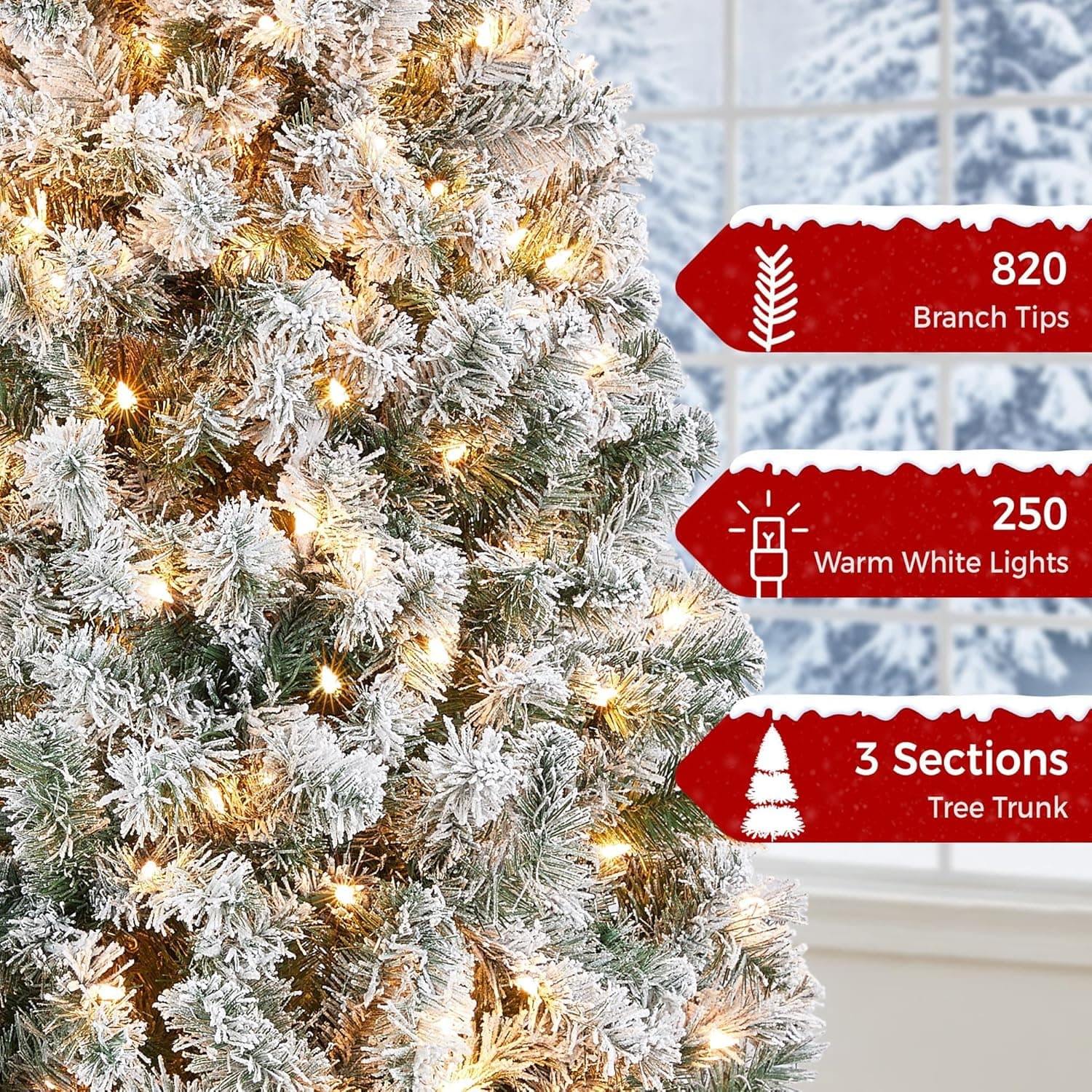 Yaheetech 6ft Snow Flocked Pre-lit Christmas Tree with 250 Warm White Lights, 820 Lush Branch Tips & Quick-Assembly Hinged Design, Full Artificial Xmas Tree for Winter Holiday Décor, Green & White 6ft Green & White - Image 5