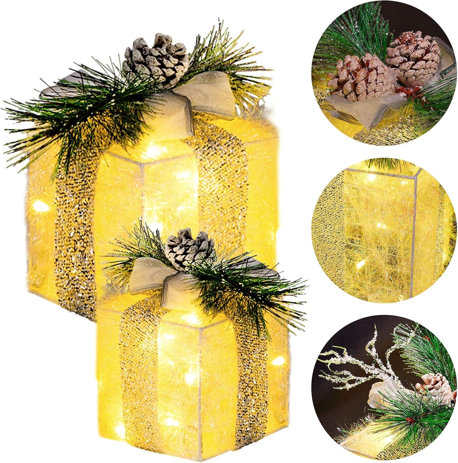 Hourleey Set of 3 Christmas Lighted Gift Boxes, Pre-lit 60 LED Light Up Present Boxes Ornament Outdoor Warm White Tinsel Boxes Decoration for Indoor Christmas Home Yard Lawn Decor - Image 5