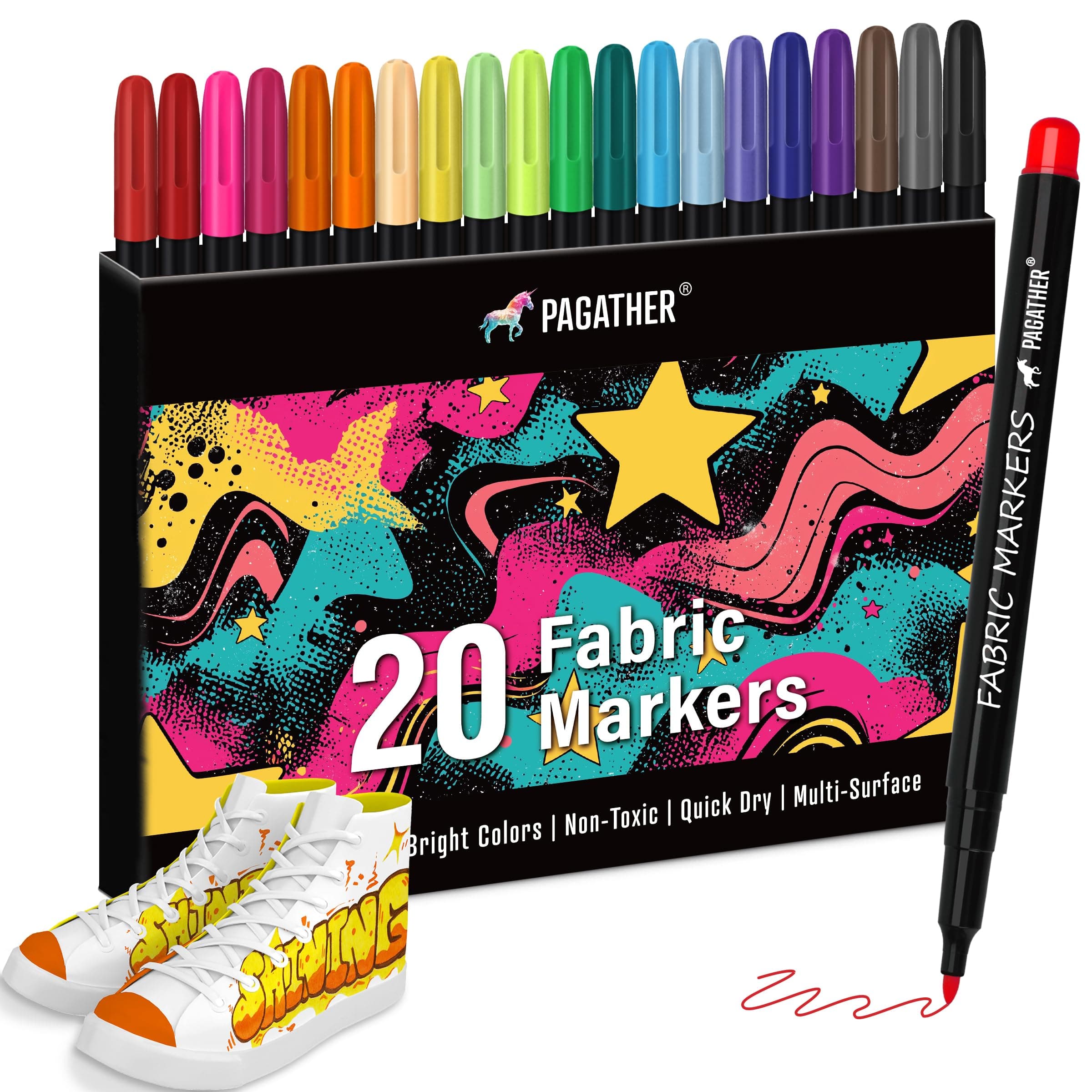Fabric Markers Permanent for Clothes, 20 Colors Fine Tips Paint Pens for Clothing Canvas Tote Bags T-Shirt and Shoes, Non Toxic Ink for Kids and Adults