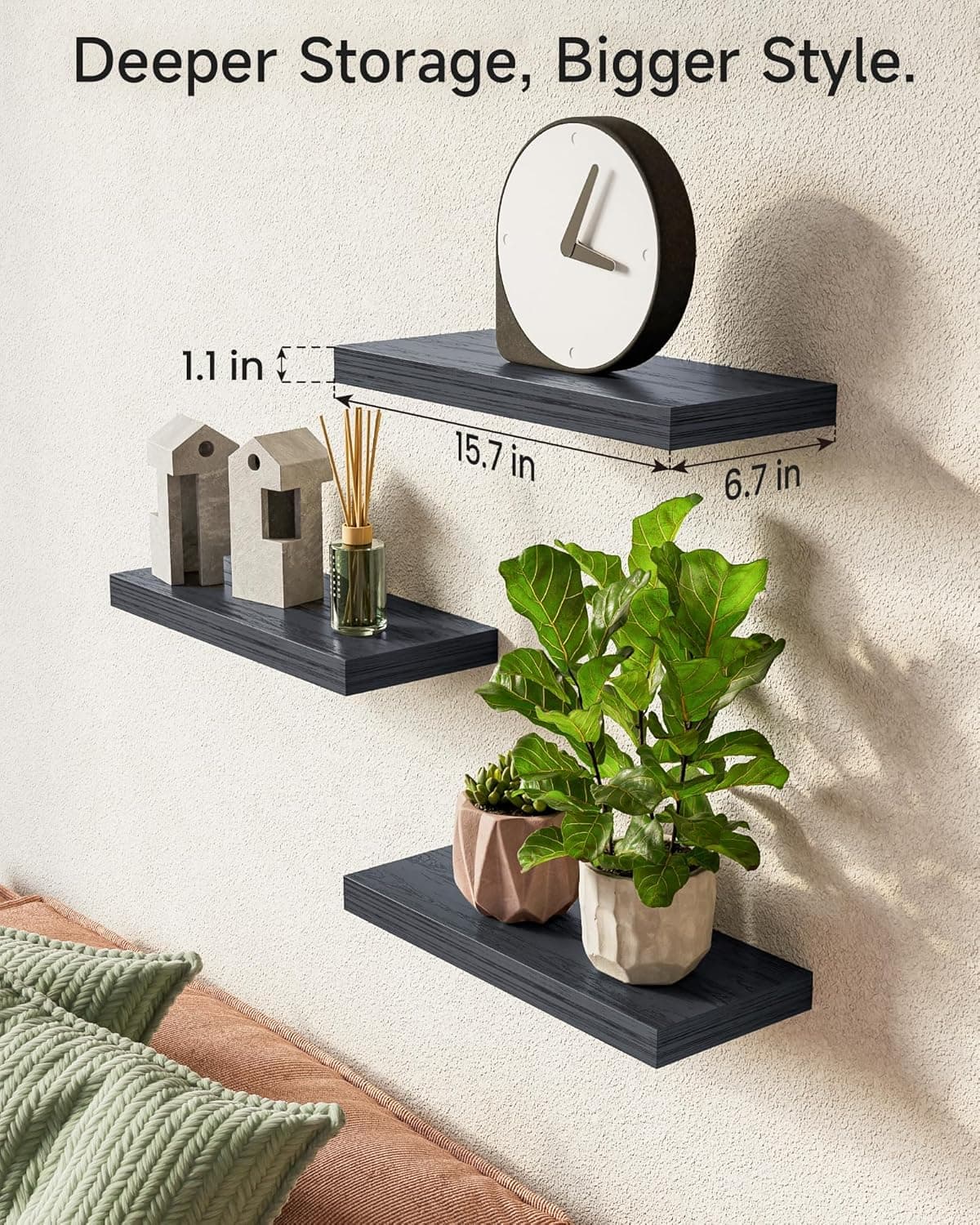 BAYKA Floating Shelves for Wall, Wall Mounted Rustic Wood Shelves for Bathroom, Bedroom, Living Room, Kitchen, Hanging Shelf for Books/Storage/Room Decor with 22lbs Capacity (Black, Set of 3, 15.7in) A. Black - Universal Classic Style 15.7inches - Image 4