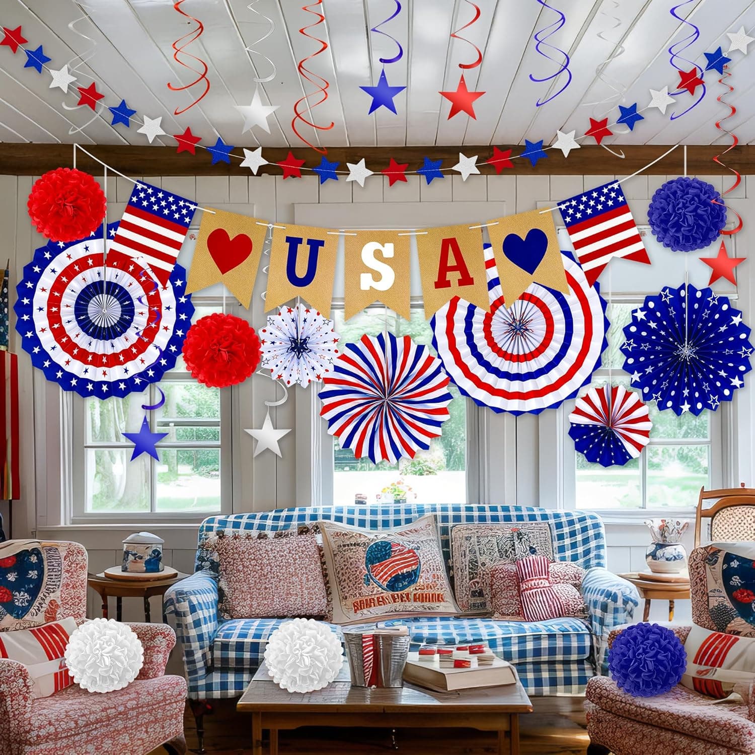 26 PCS 4th of July Decorations, Red White Blue Paper Fans in Patriotic Designs, 4th of July Banner Pompom Star Garland and Hanging Swirls Set for Fourth of July Independence Day Party Supplies Decor - Image 9
