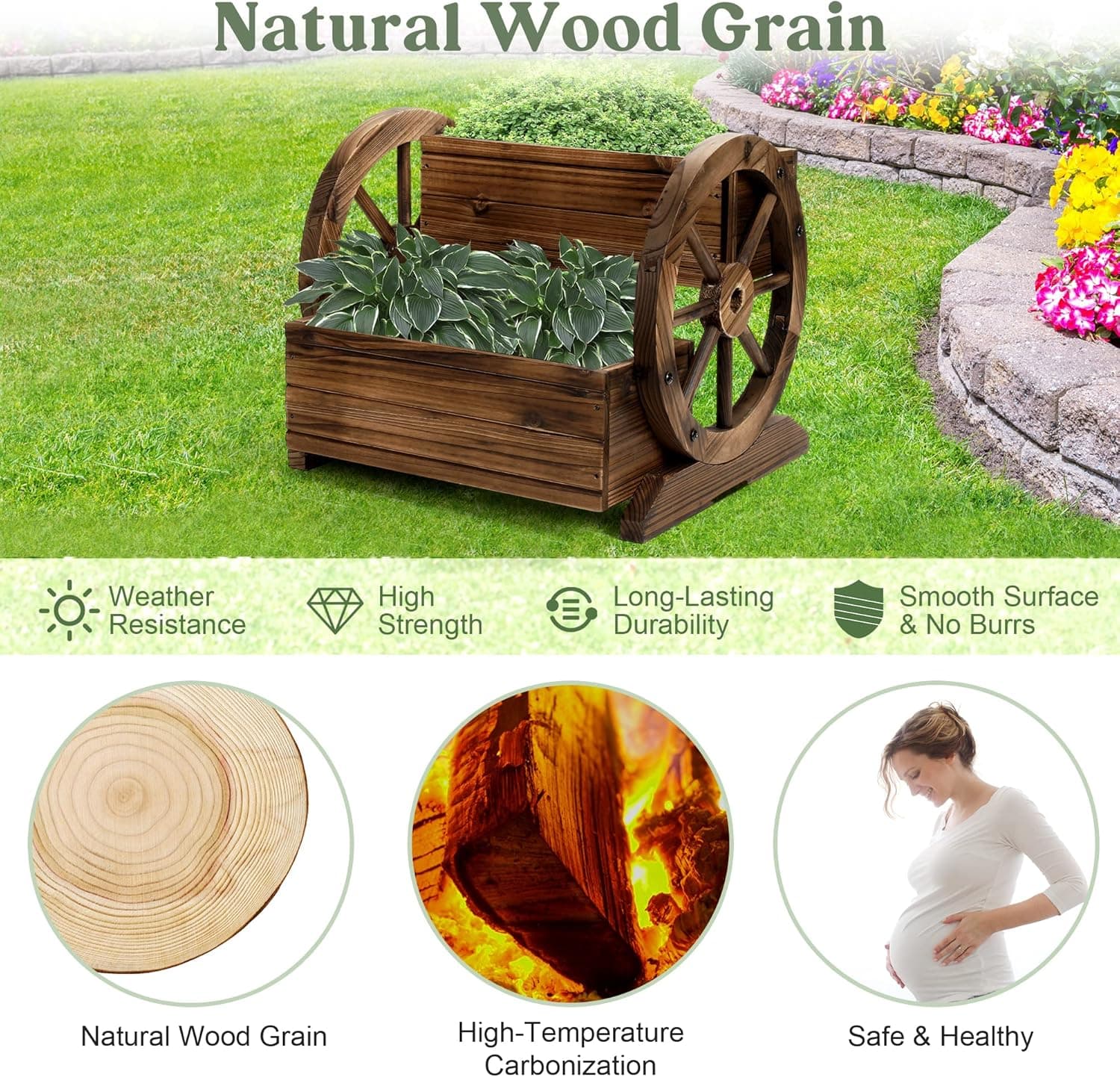 Wooden Wagon Planter Box, Garden Planter with Wheels,Decorative Planter for Flowers Herbs Vegetables for Indoor & Outdoor Décor, Flower Cart for Patio Garden Balcony 2-tier Planter Box --1pc - Image 6