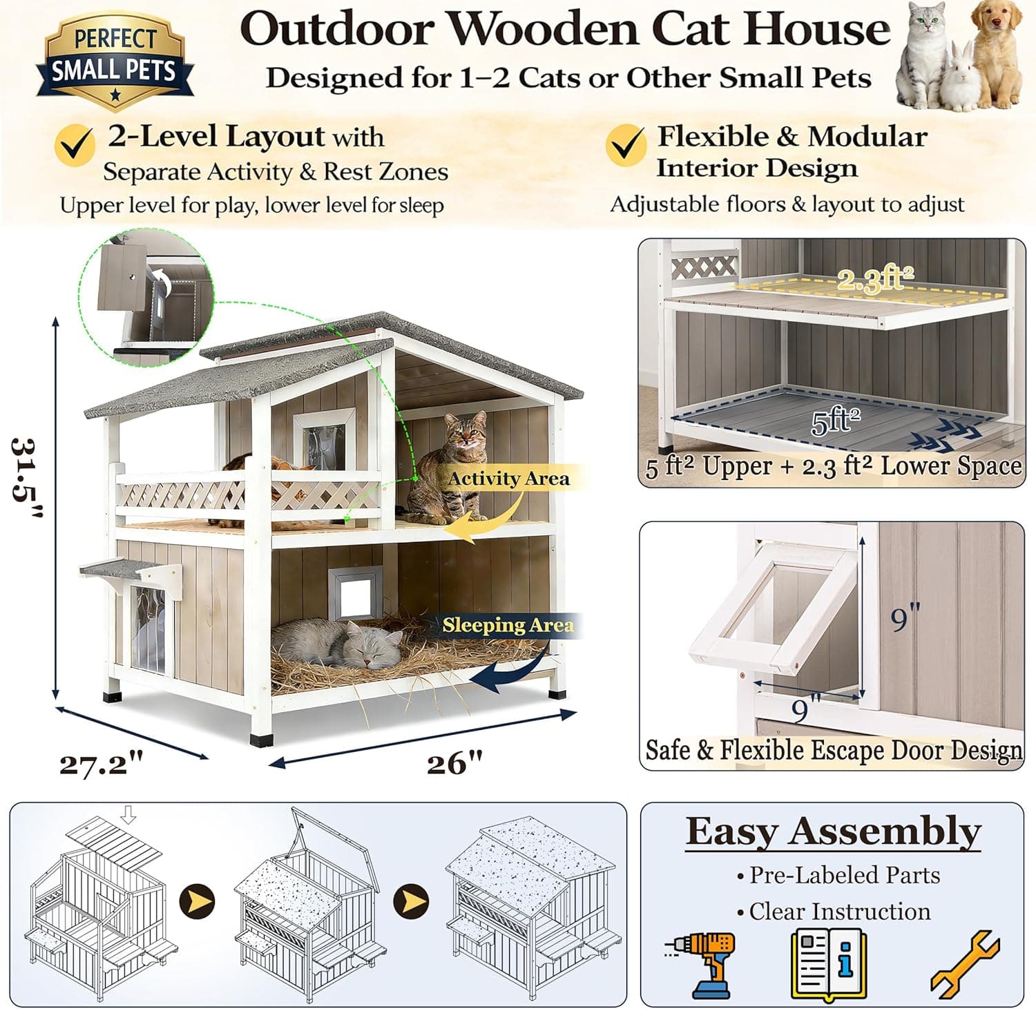 Feral Cat Shelter Outdoor Weatherproof Houses for Cats Two Story Wooden Cat House Outside Feral Cat House with Balcony Waterproof, Escape Doors Greywhite - Image 6
